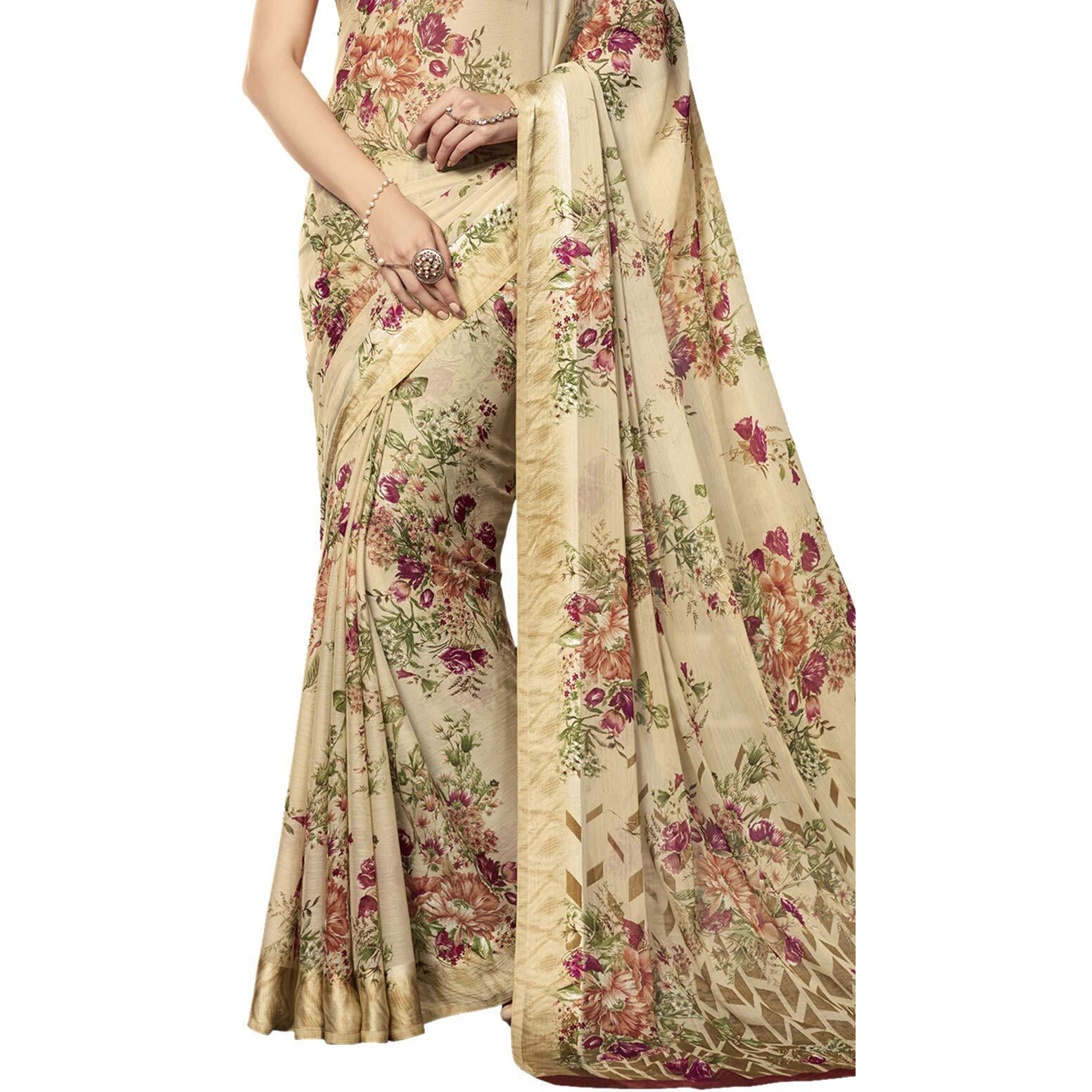 Satrani Womens Chiffon Saree (1026ST401_Beige_Maroon)