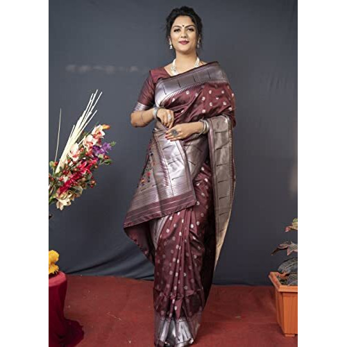 AMIRAT CLOTHING Womens Paithani Litchi silk Saree With Unstiched Blouse Piece (Maroon)