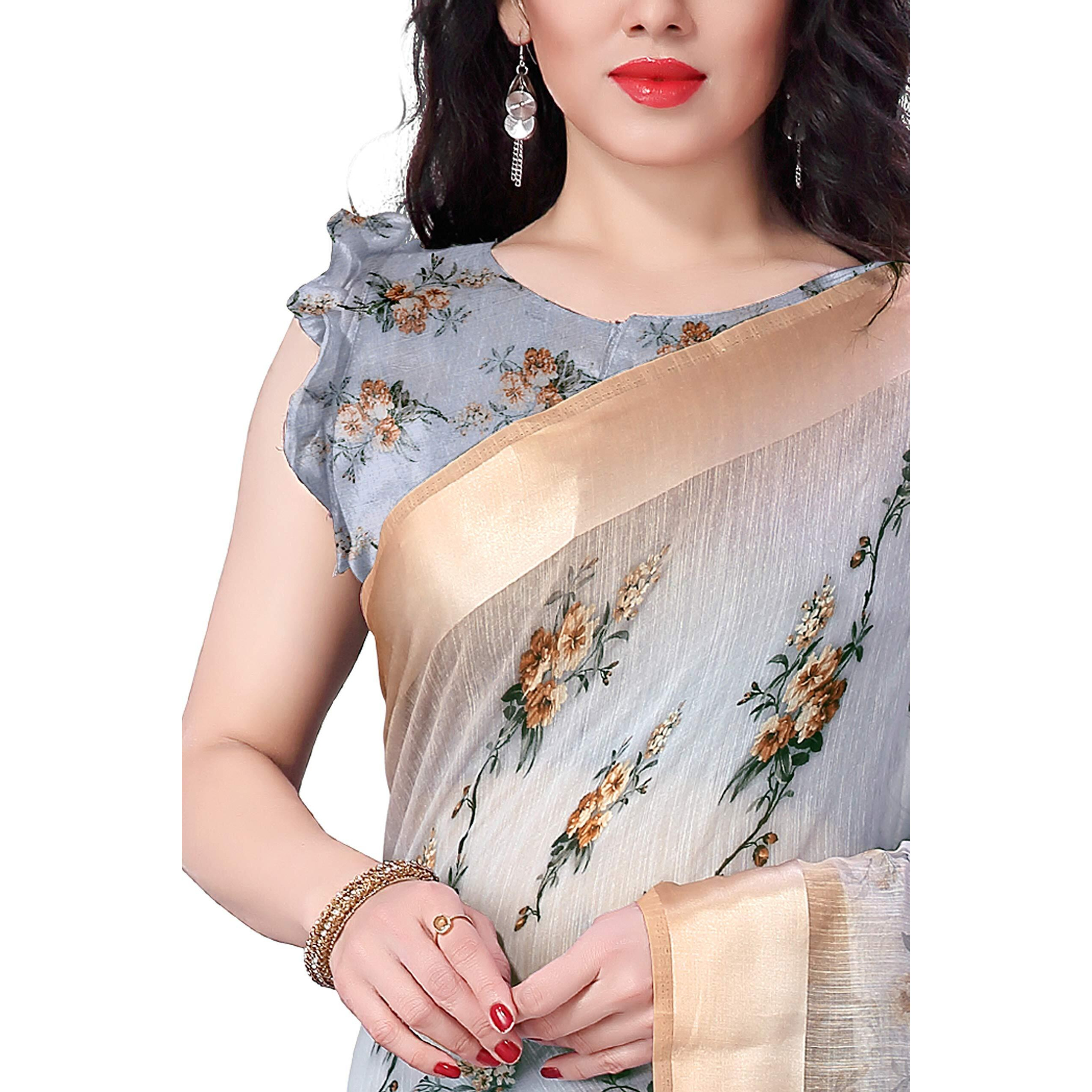 SOURBH Womens Cotton Blend Tropical Flowers Printed Woven Saree with Blouse Piece (21011, Grey, Beige)