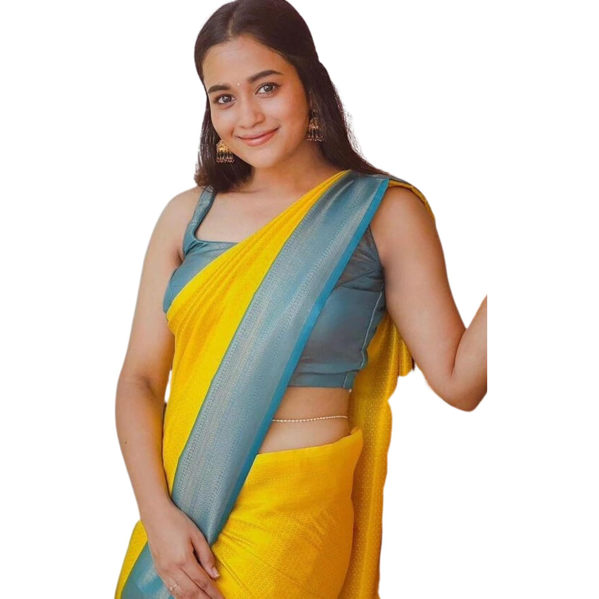 SGF11 Womens Kanjivaram Soft Lichi Silk Banarasi Sarees With Blouse Piece (Yellow Blue)