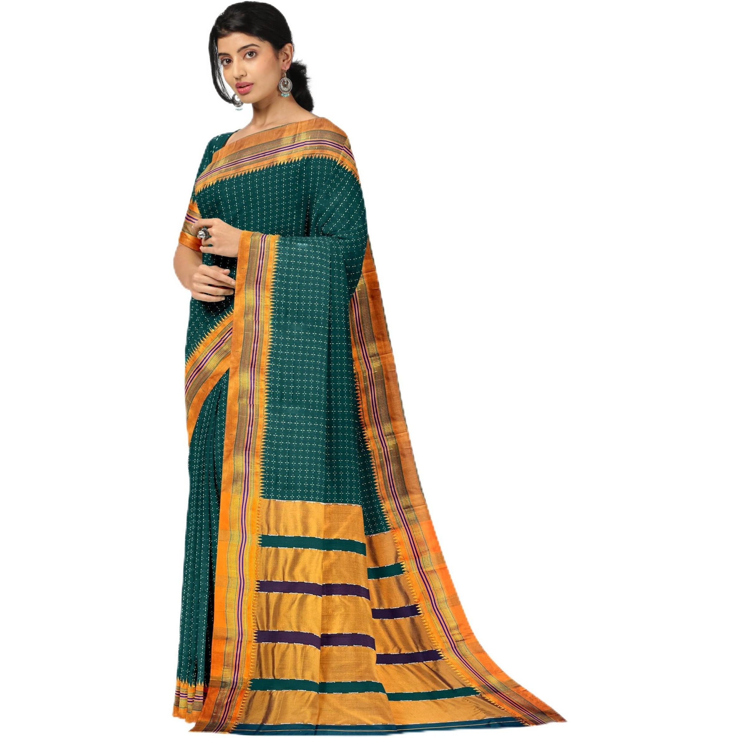 Neyge Women Ilkal Cotton Blend Star Patterned Saree with Satin Border Stripe Pallu and Running Blouse (BottolGreen)