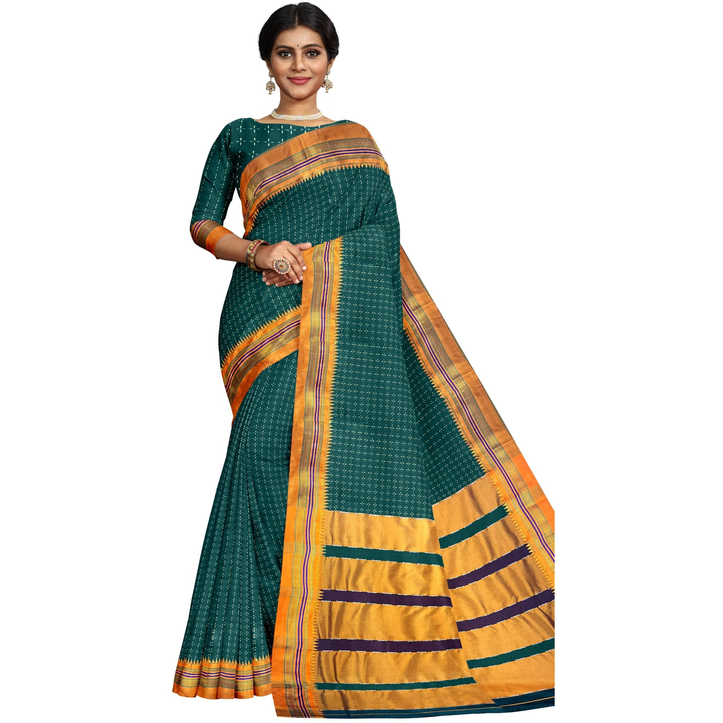 Neyge Women Ilkal Cotton Blend Star Patterned Saree with Satin Border Stripe Pallu and Running Blouse (BottolGreen)