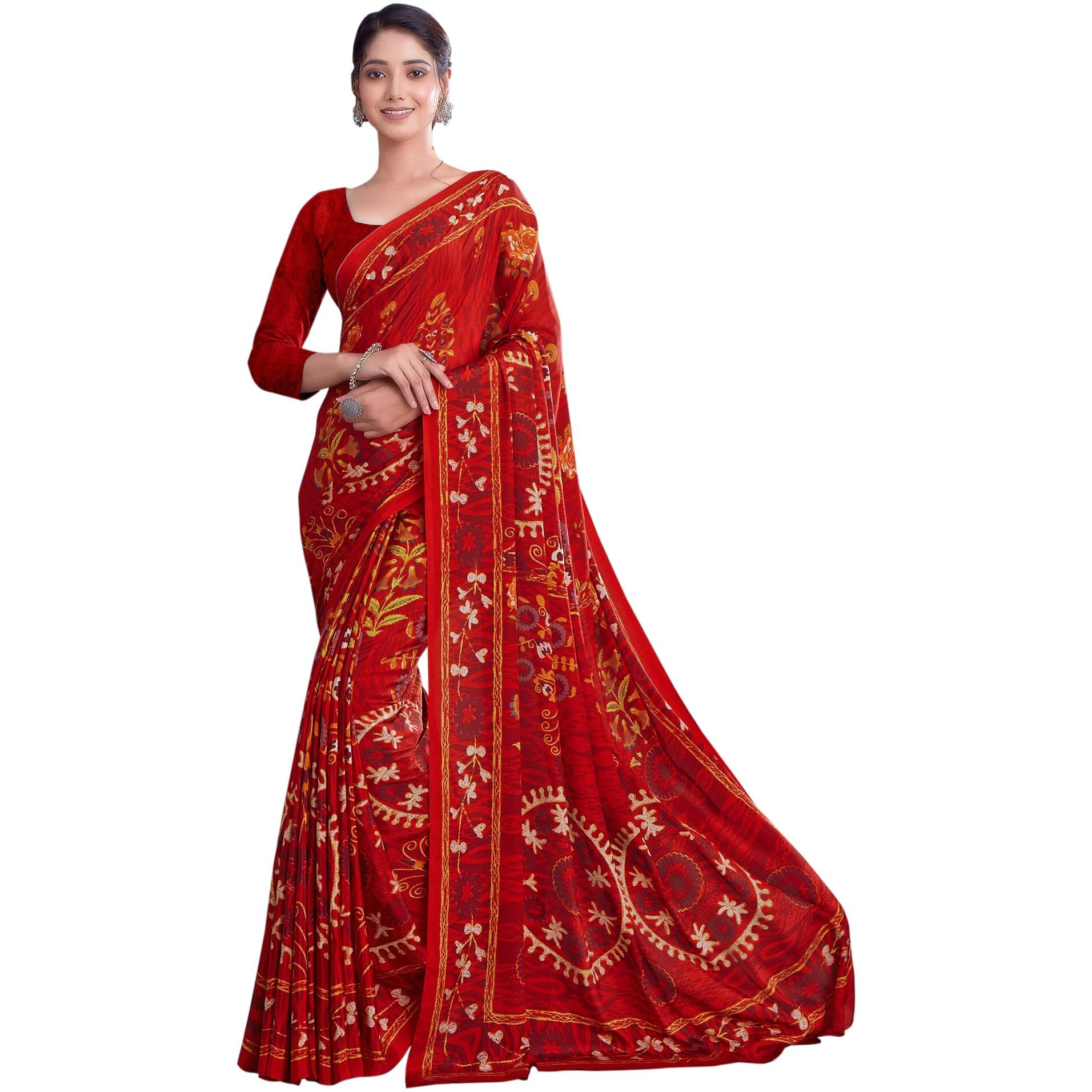 Jaanvi Fashion Womens Woven Crepe Saree With Unstitched Blouse Piece (Ultra-Shape-9808-A_Fire Red)