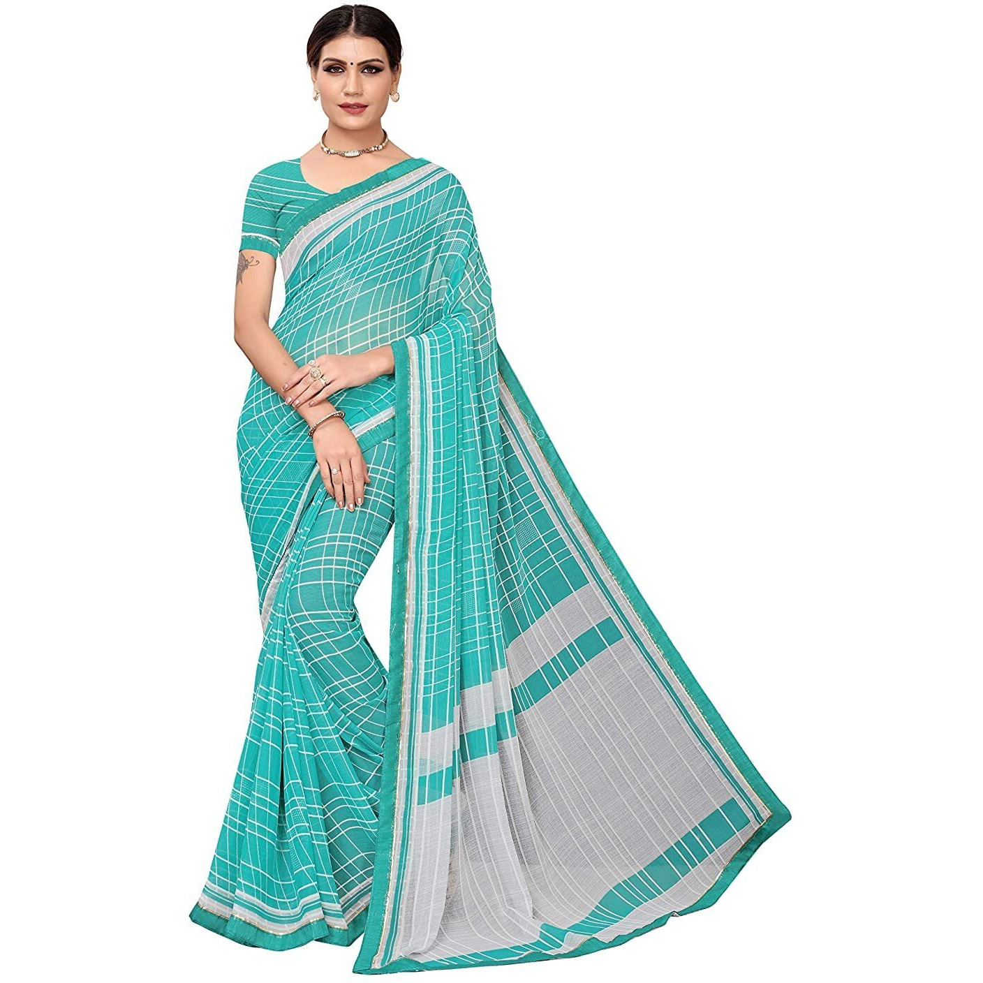 Amazon Brand - Anarva Womens checkered Chiffon Printed Saree With Lace