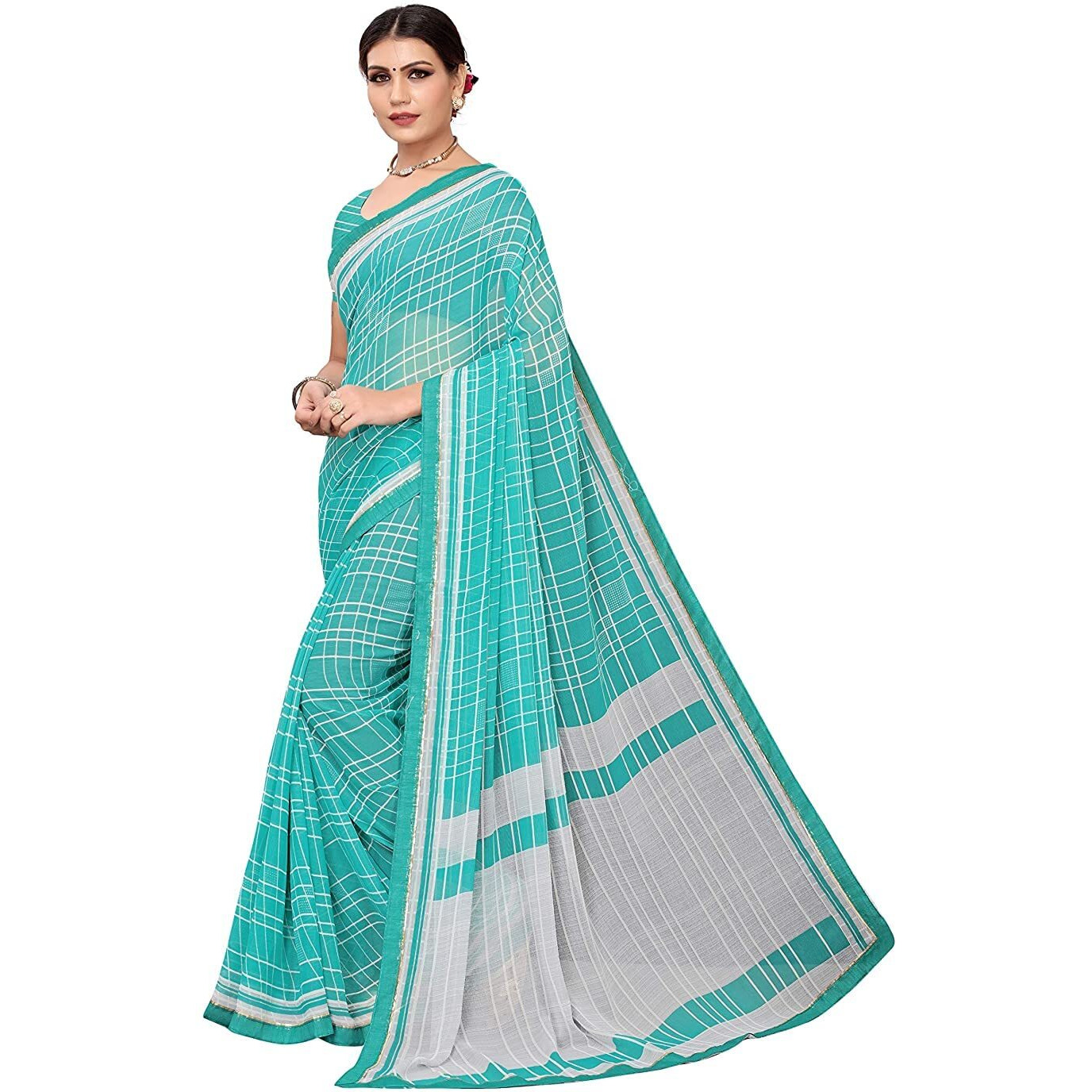 Amazon Brand - Anarva Womens checkered Chiffon Printed Saree With Lace