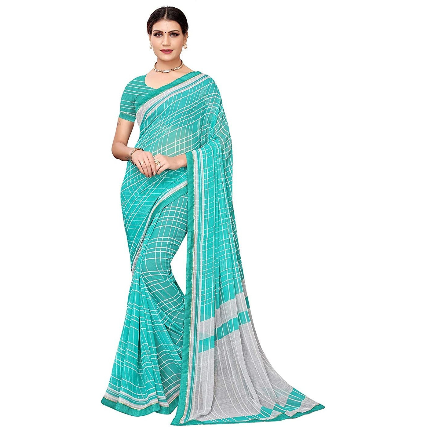 Amazon Brand - Anarva Womens checkered Chiffon Printed Saree With Lace