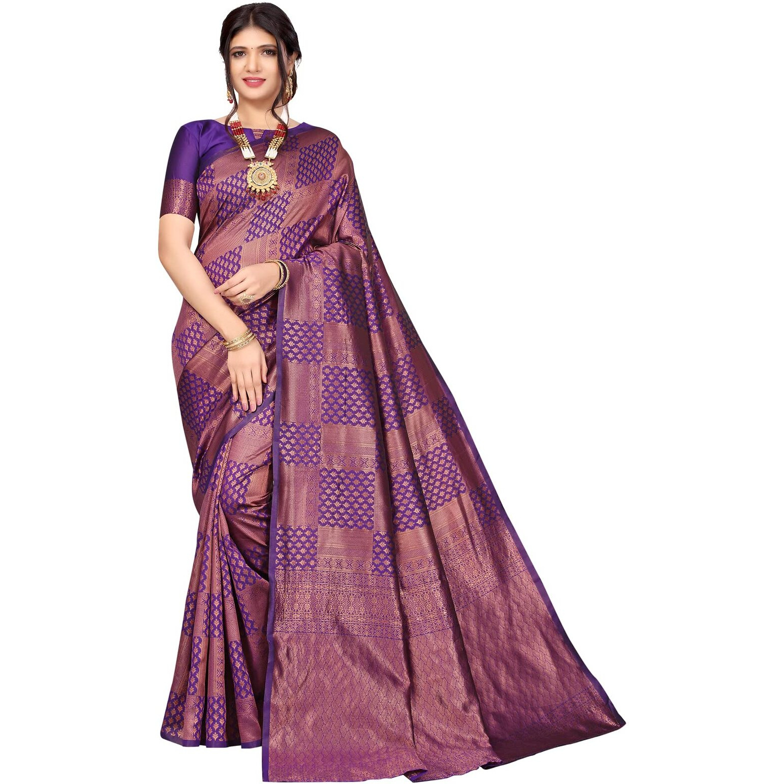 Satrani Womens Jacquard Silk Blend Saree (2564S134N_Violet & Dark Golden)