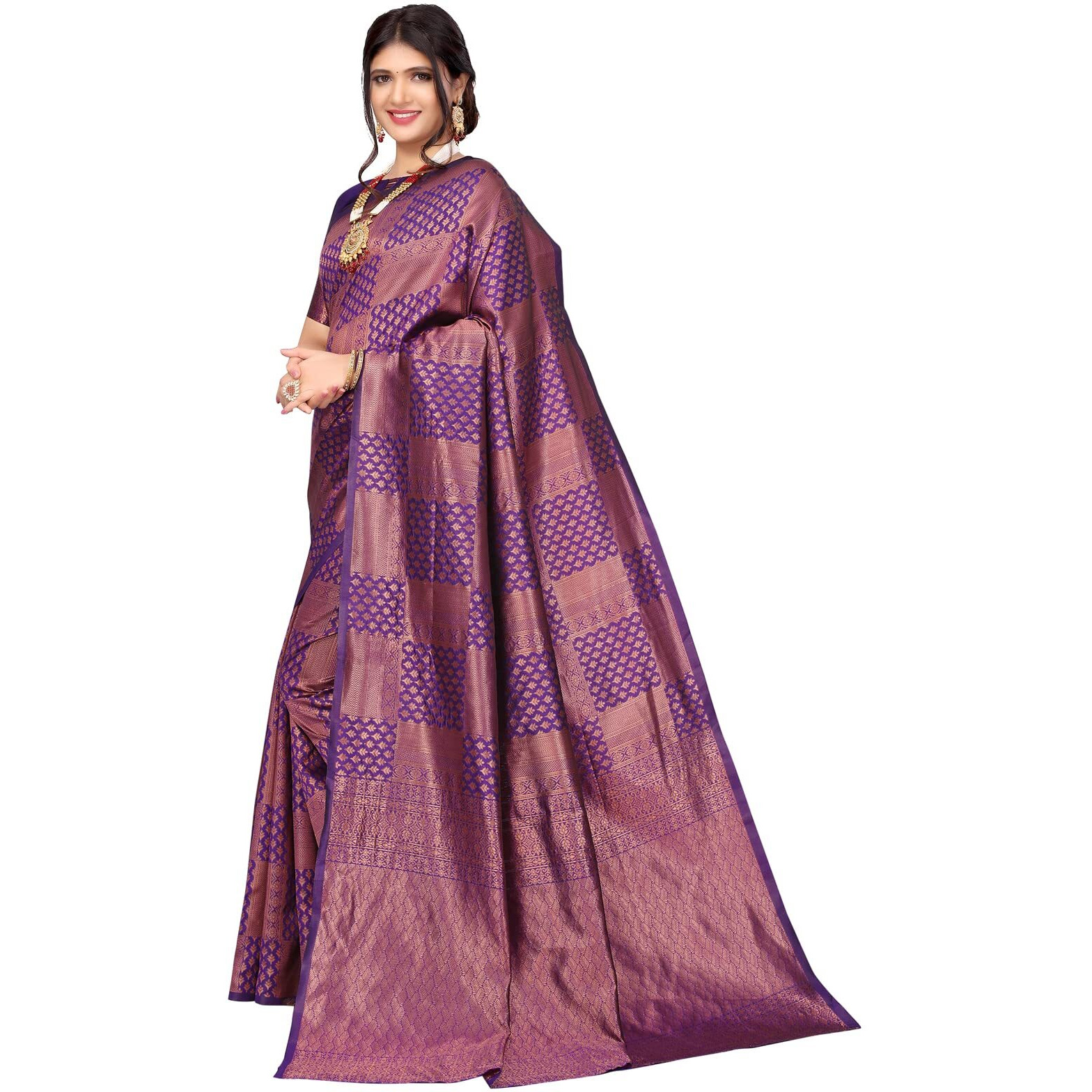 Satrani Womens Jacquard Silk Blend Saree (2564S134N_Violet & Dark Golden)