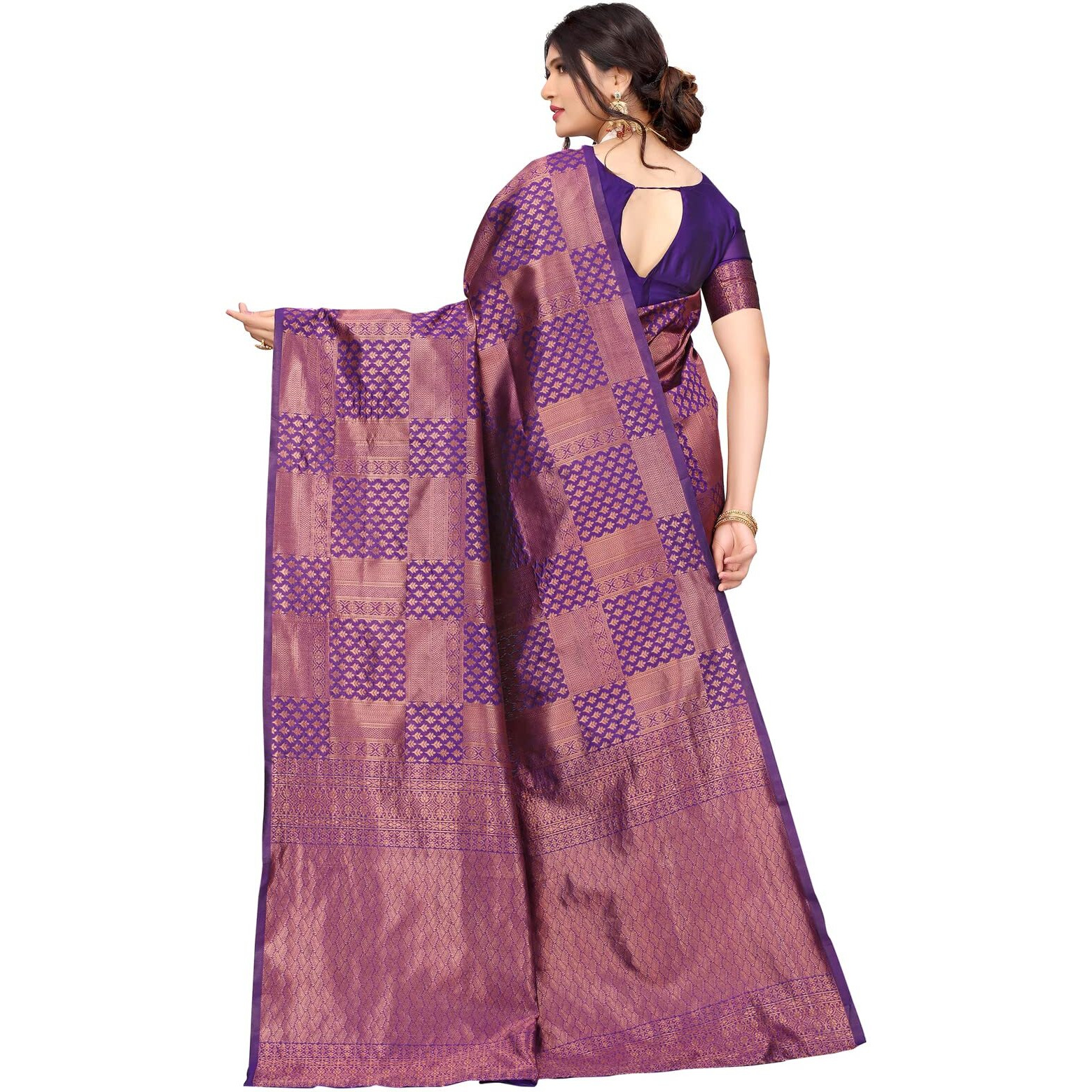 Satrani Womens Jacquard Silk Blend Saree (2564S134N_Violet & Dark Golden)