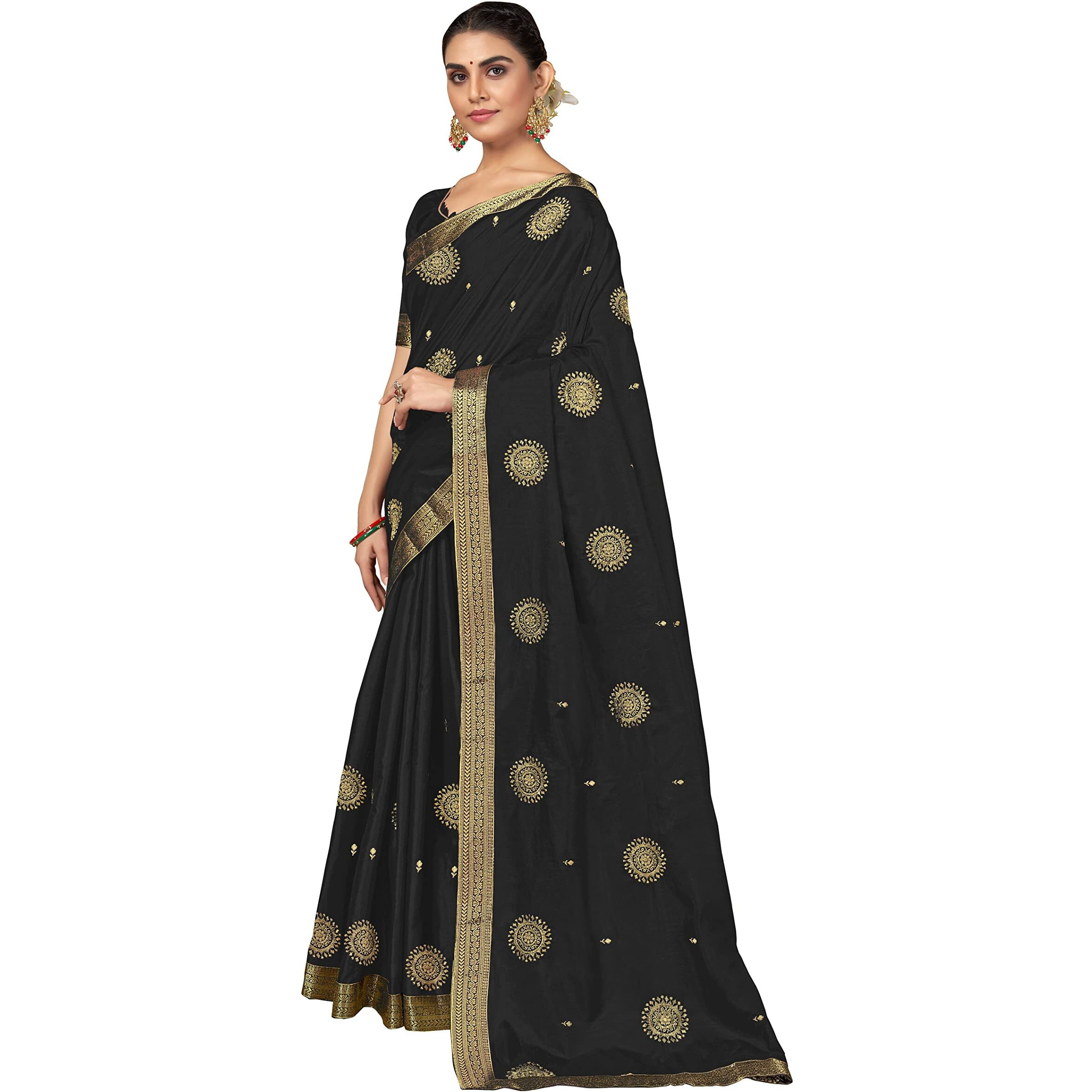 SUTRAM Womens Silk Blend Saree With Blouse Piece (ST1341_Black)