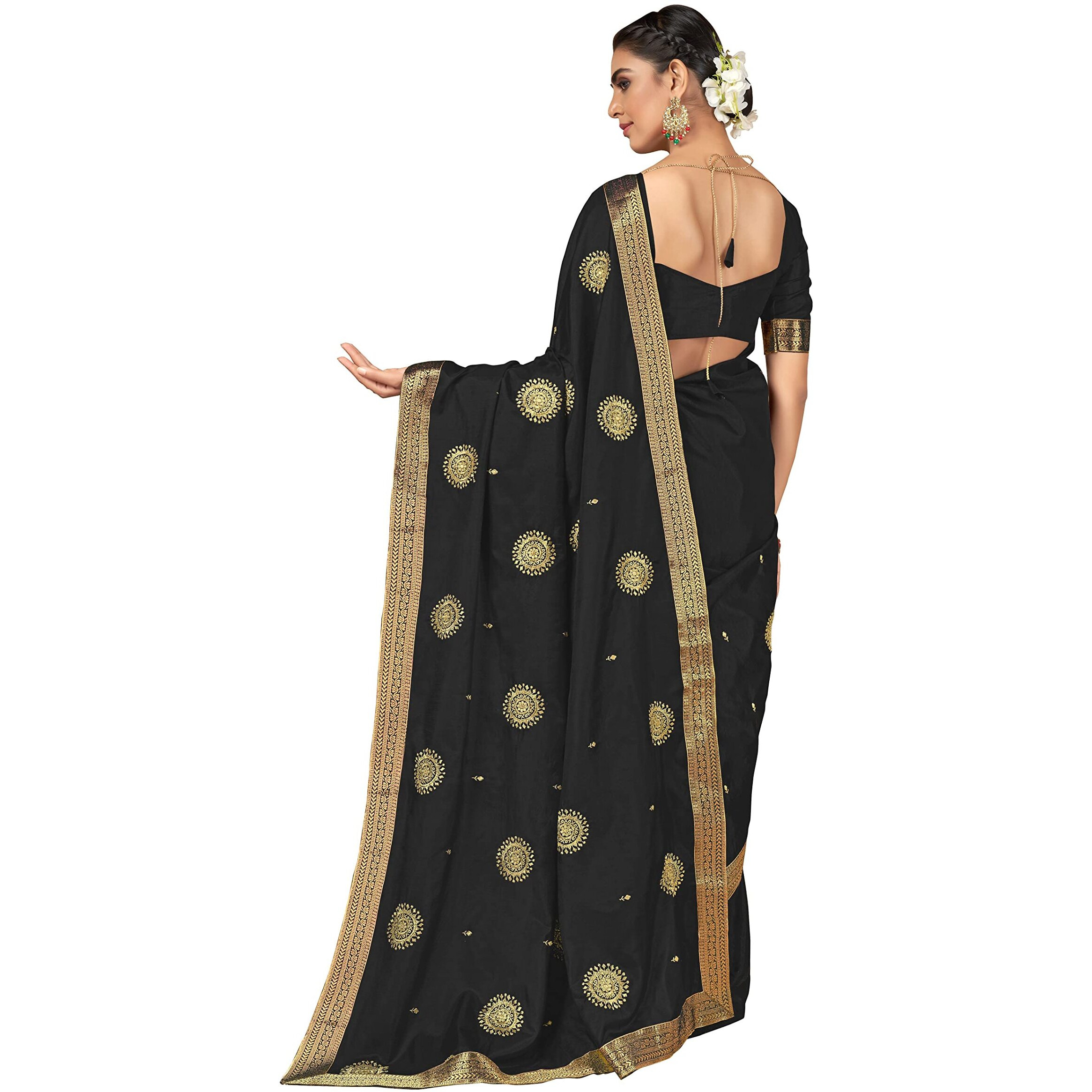 SUTRAM Womens Silk Blend Saree With Blouse Piece (ST1341_Black)