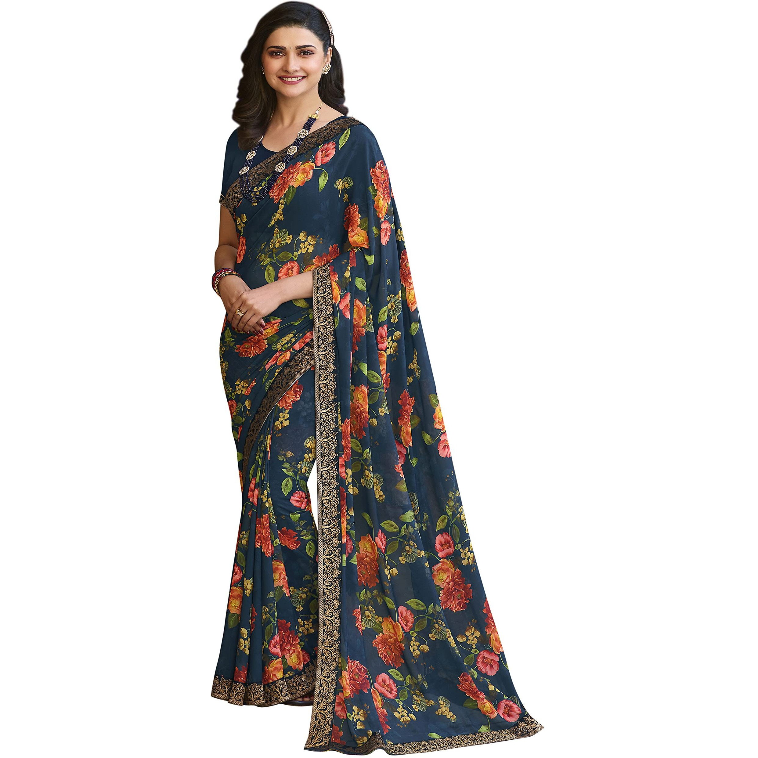 Shruhad Georgette Flower Printed Saree For Women With Lace Border & Blouse Piece (Saree Length 6.3 Mtr) (Blue Orange)