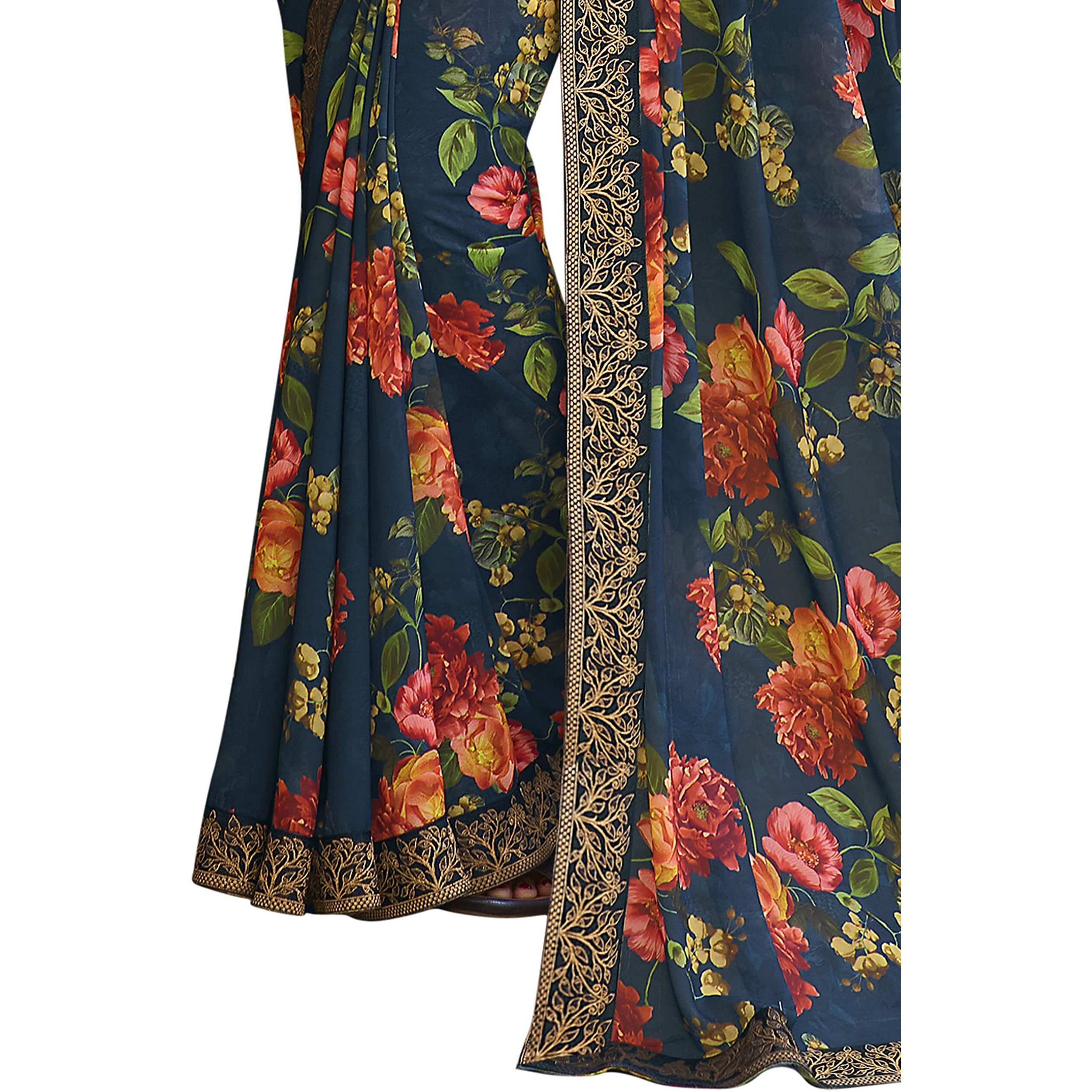 Shruhad Georgette Flower Printed Saree For Women With Lace Border & Blouse Piece (Saree Length 6.3 Mtr) (Blue Orange)