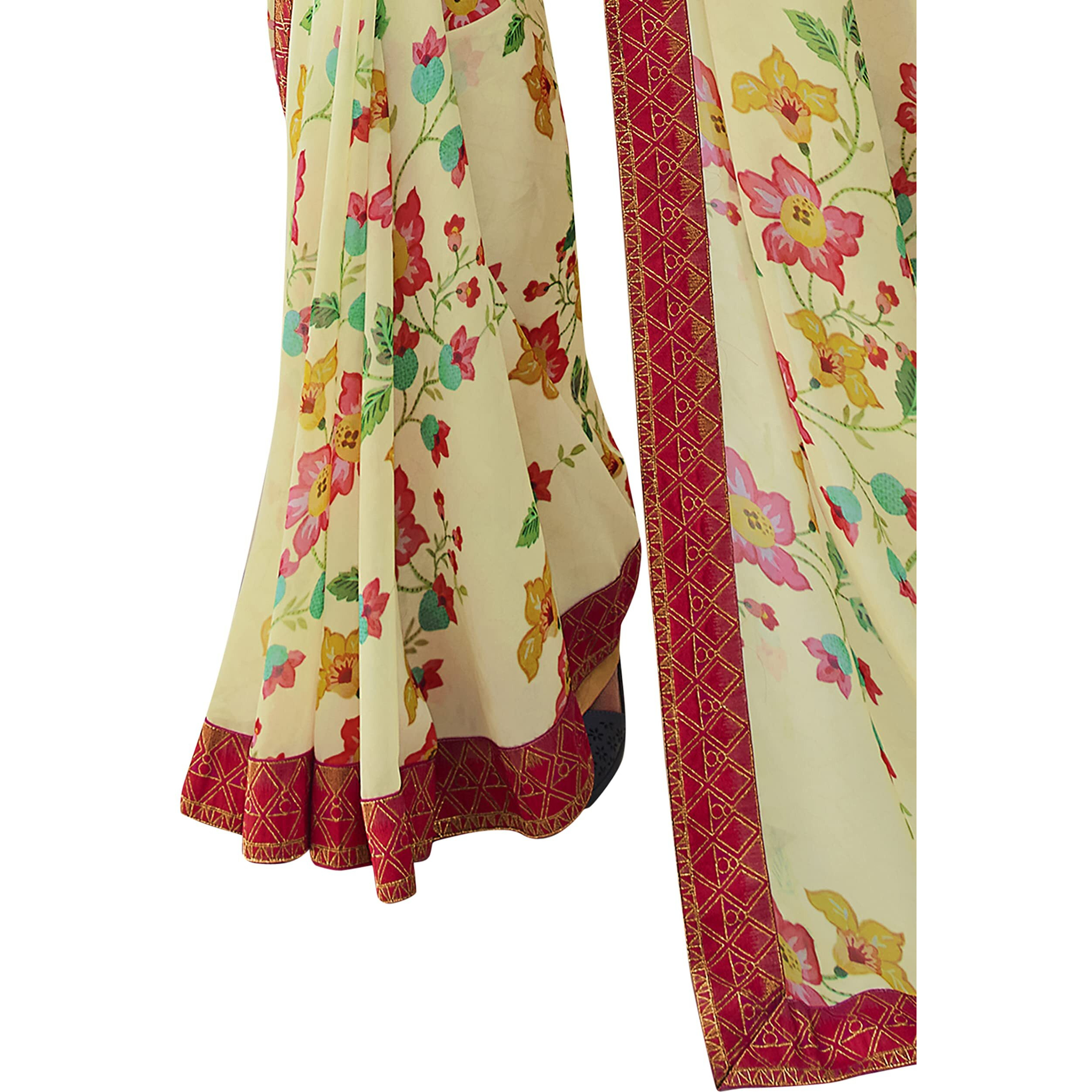 Shruhad Georgette Flower Printed Saree For Women With Lace Border & Blouse Piece (Saree Length 6.3 Mtr) (Beige)