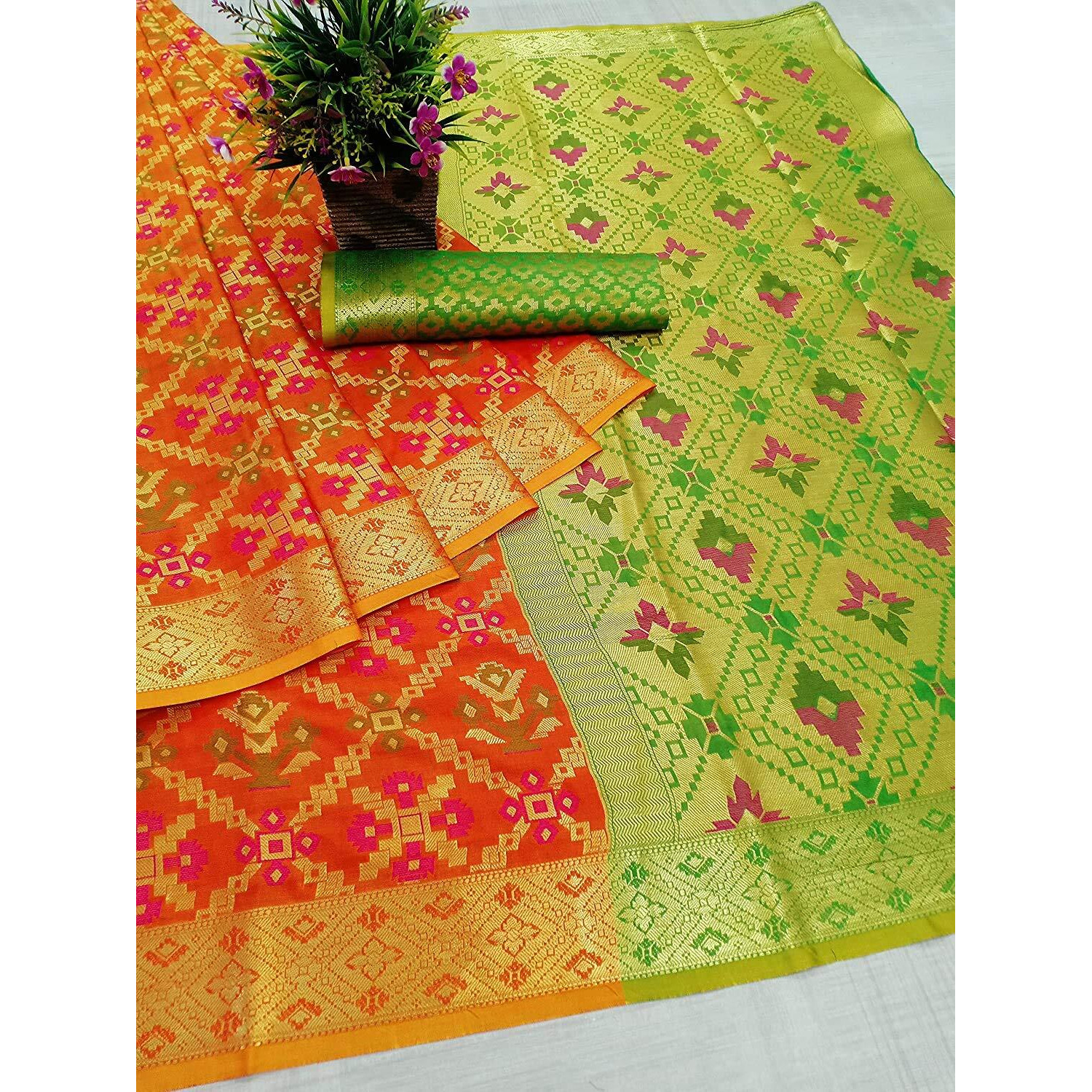 Panzora Womens Banarasi Patola Silk Saree With unstitched Bloue Piece (Orange)