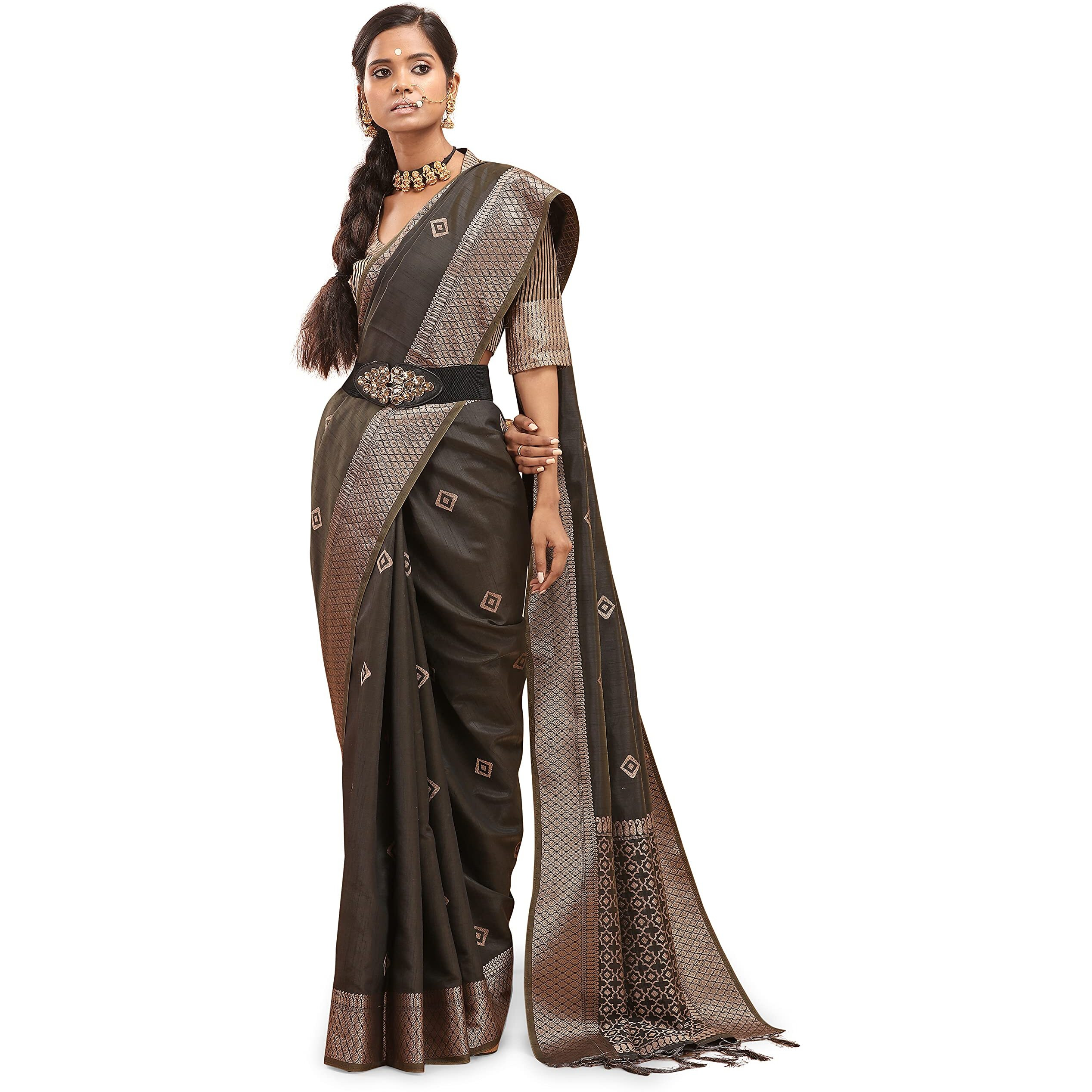 Insthah Womens Banarasi Silk 5.5 Meters Saree With 0.85 Meter Unstitched Blouse Piece (Coffee)