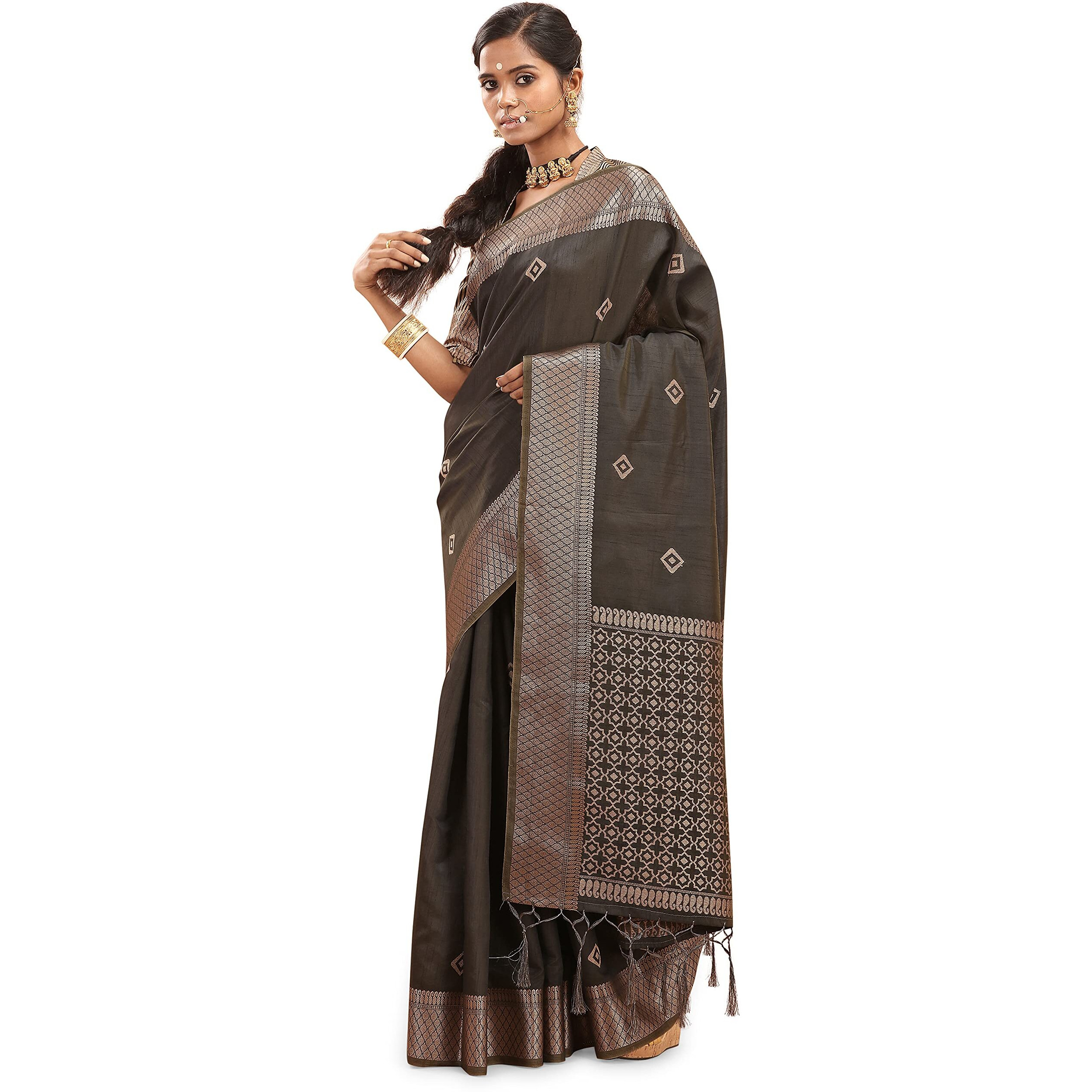 Insthah Womens Banarasi Silk 5.5 Meters Saree With 0.85 Meter Unstitched Blouse Piece (Coffee)