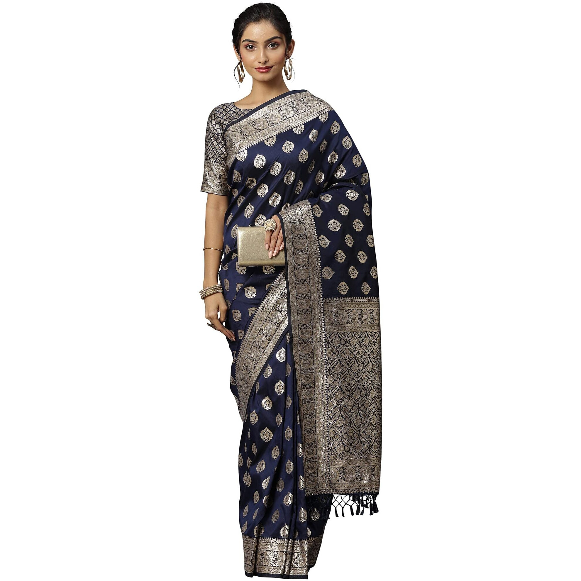 AKHILAM Womens Banarasi Silk Floral Woven Design Banarasi Saree with Unstitched Blouse Piece (Navy Blue_4VMIKA4004)