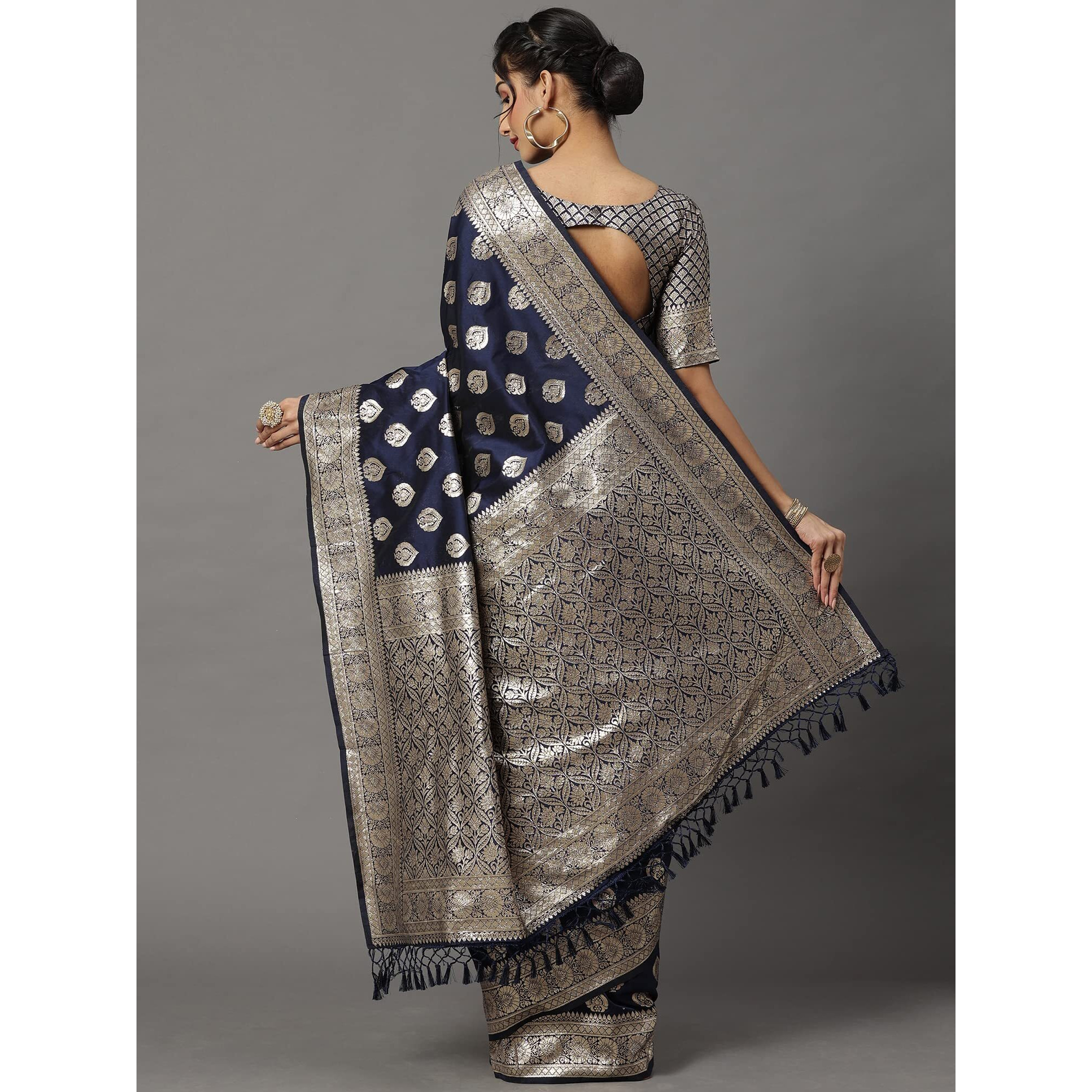 AKHILAM Womens Banarasi Silk Floral Woven Design Banarasi Saree with Unstitched Blouse Piece (Navy Blue_4VMIKA4004)