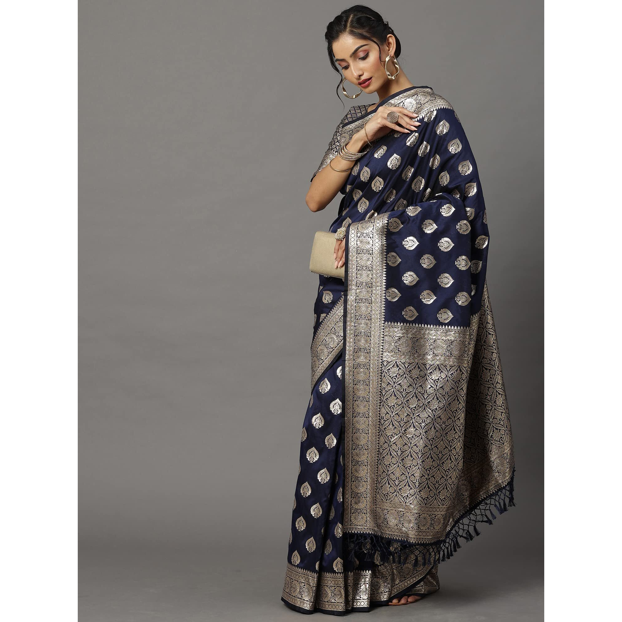 AKHILAM Womens Banarasi Silk Floral Woven Design Banarasi Saree with Unstitched Blouse Piece (Navy Blue_4VMIKA4004)