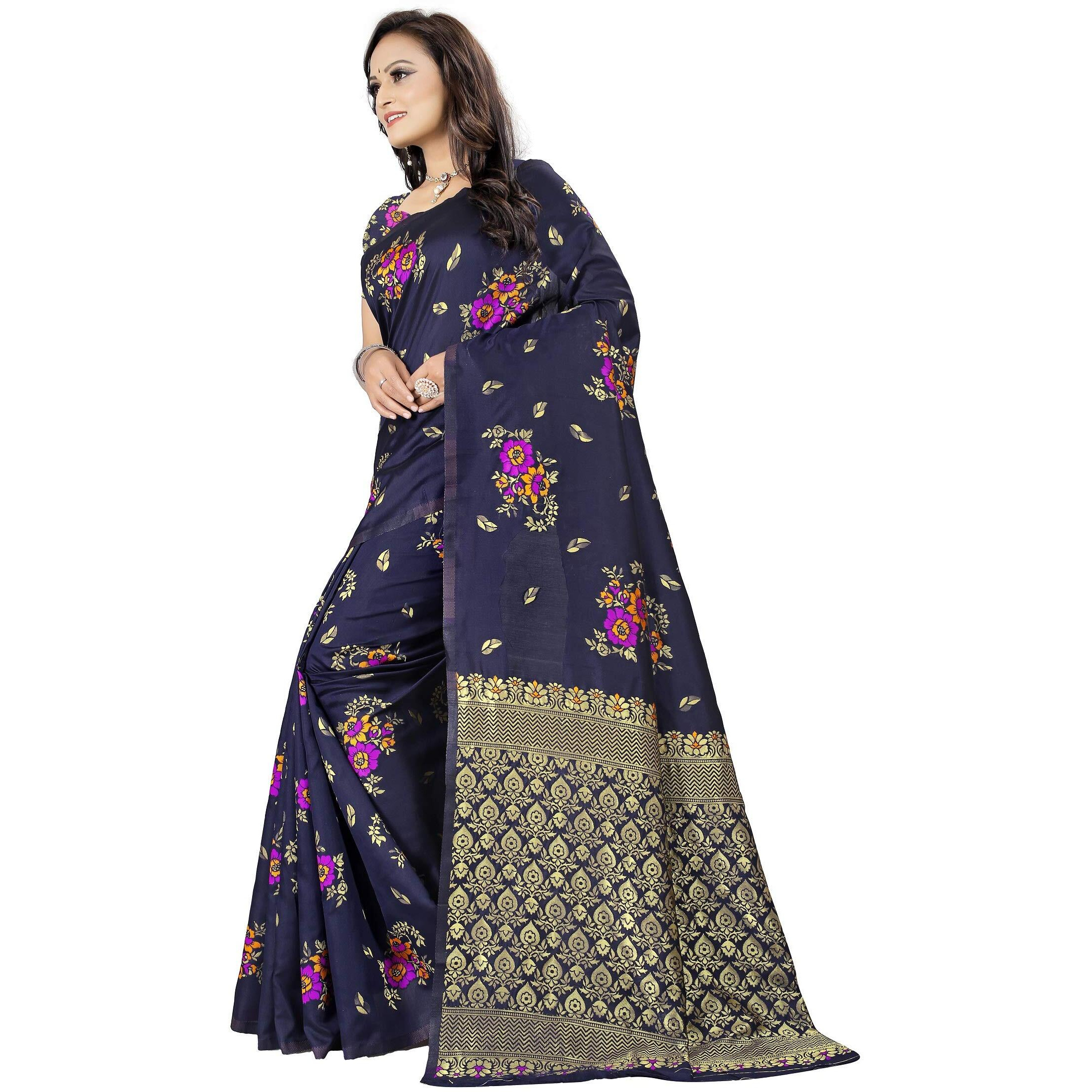 CRAFTX Womens Woven Silk Saree With un-stitched Blouse Piece (CT-009-NAVY BLUE_Navy Blue)