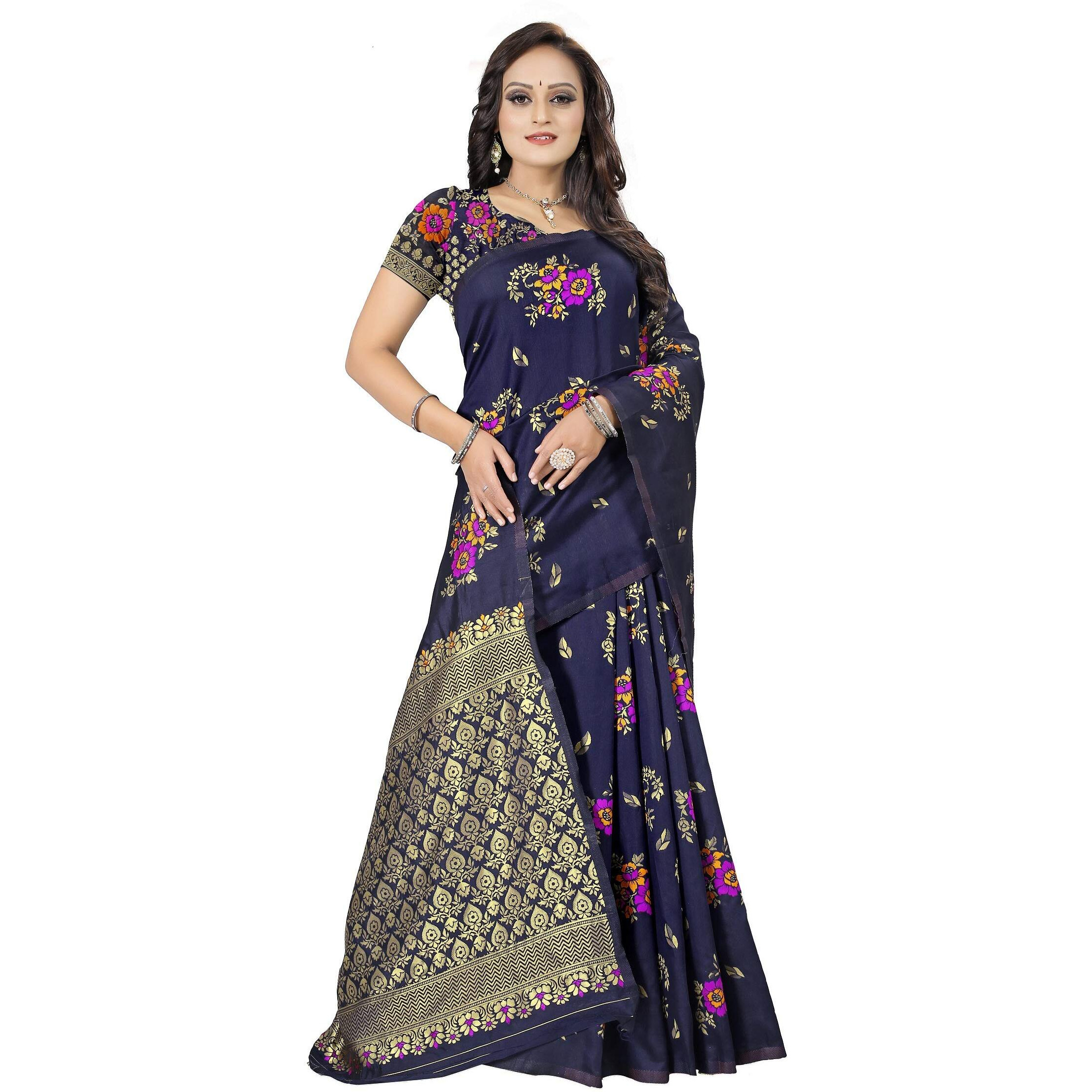 CRAFTX Womens Woven Silk Saree With un-stitched Blouse Piece (CT-009-NAVY BLUE_Navy Blue)