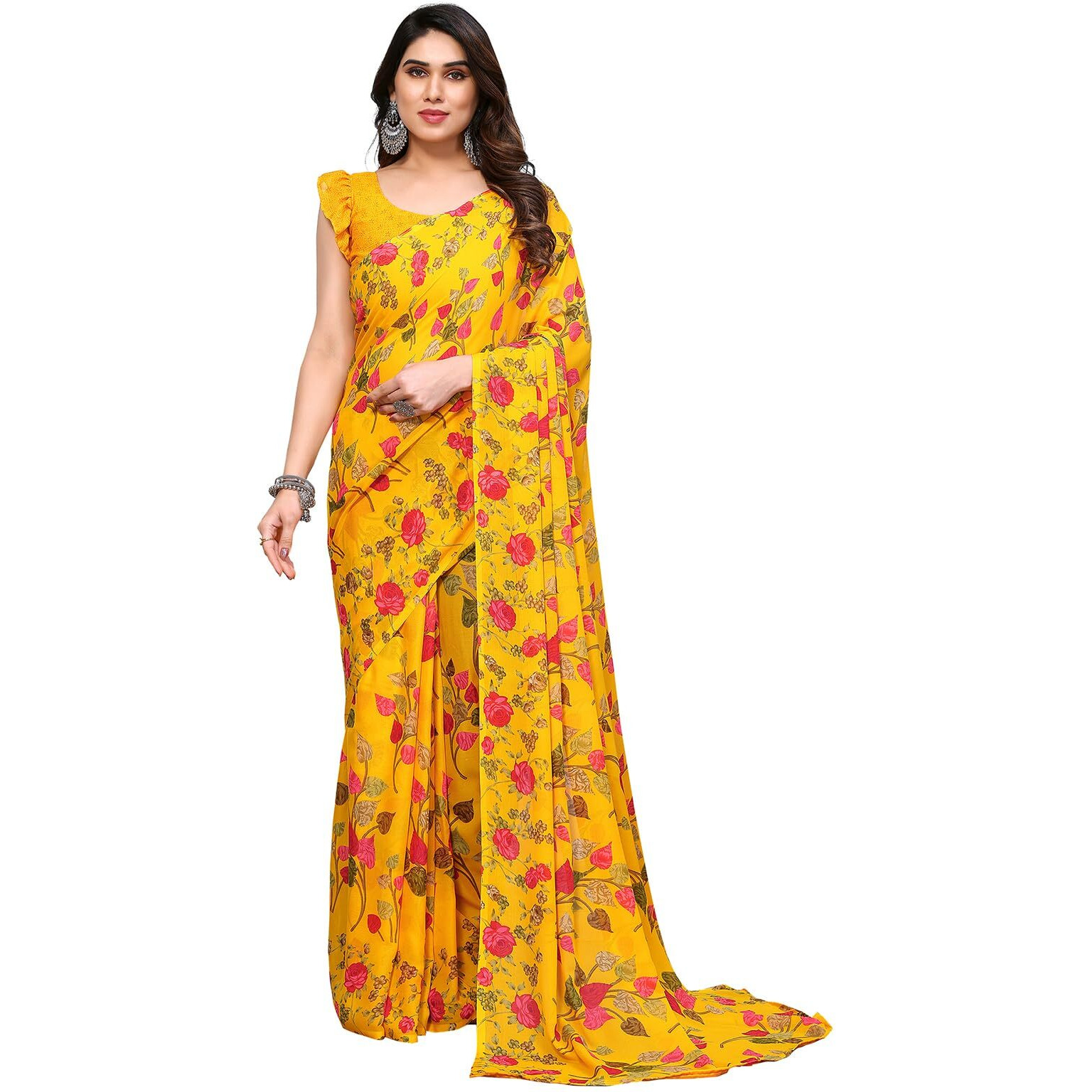 SIRIL Womens Floral Printed Georgette Saree with Unstitched Blouse Piece (3288S2365_Yellow)