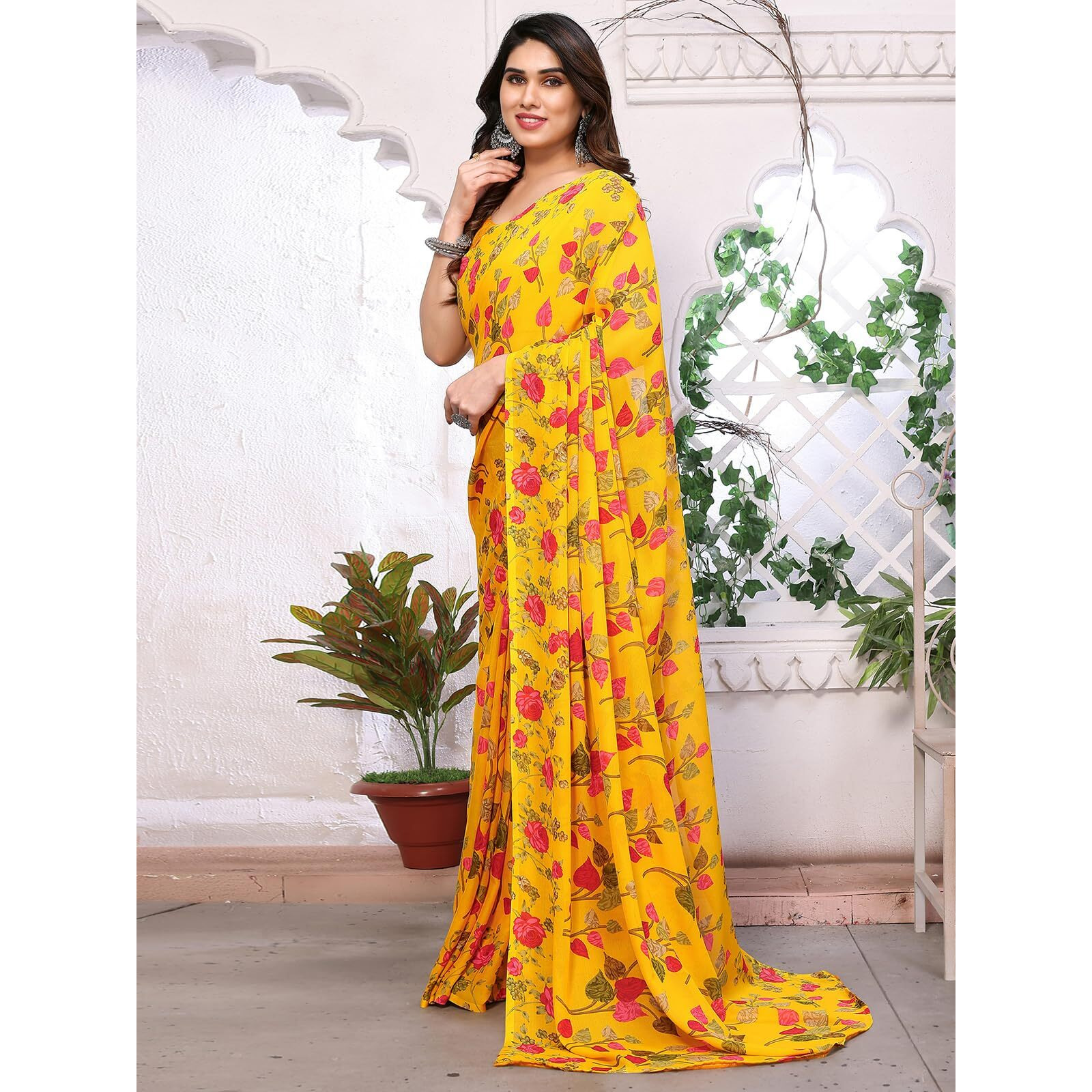 SIRIL Womens Floral Printed Georgette Saree with Unstitched Blouse Piece (3288S2365_Yellow)