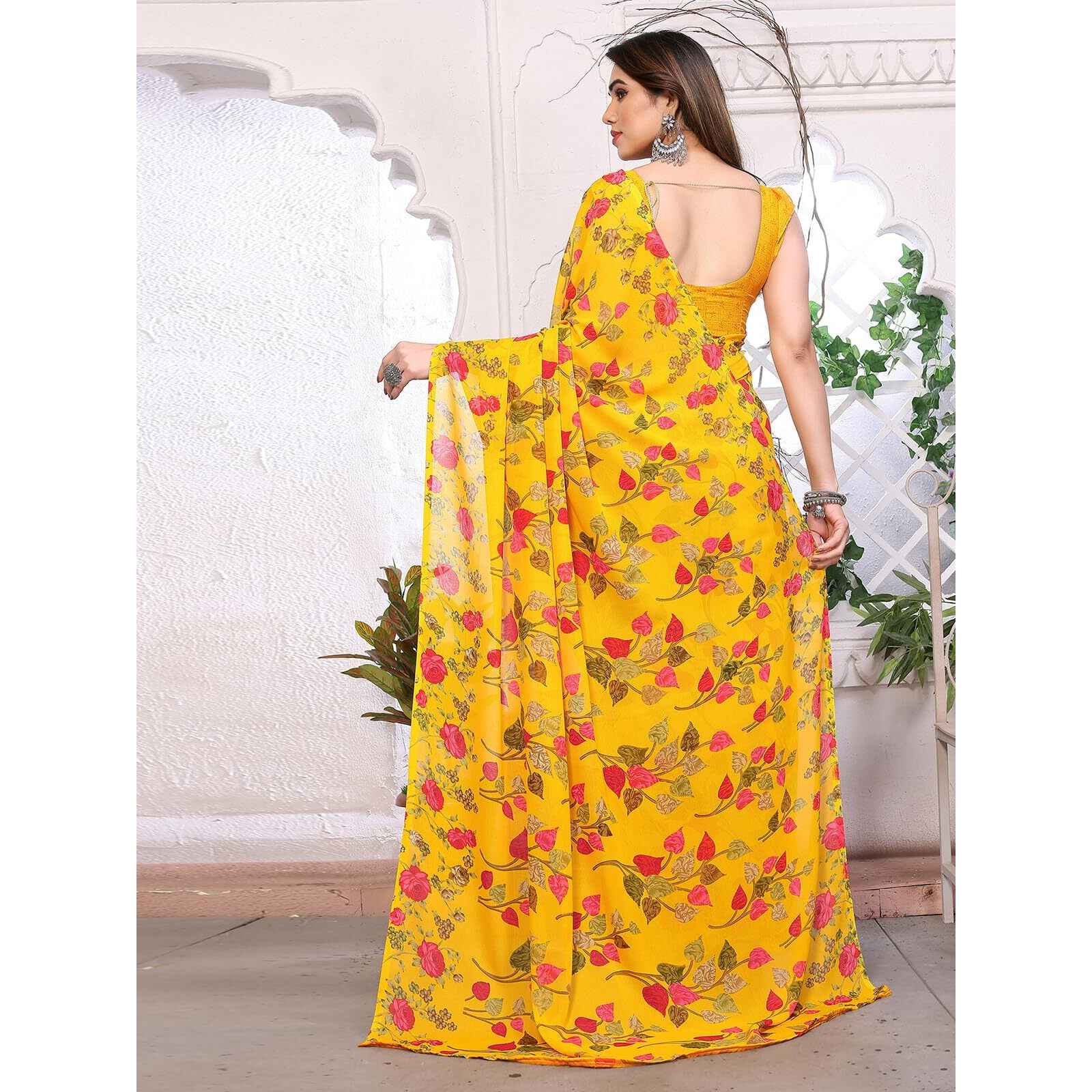 SIRIL Womens Floral Printed Georgette Saree with Unstitched Blouse Piece (3288S2365_Yellow)