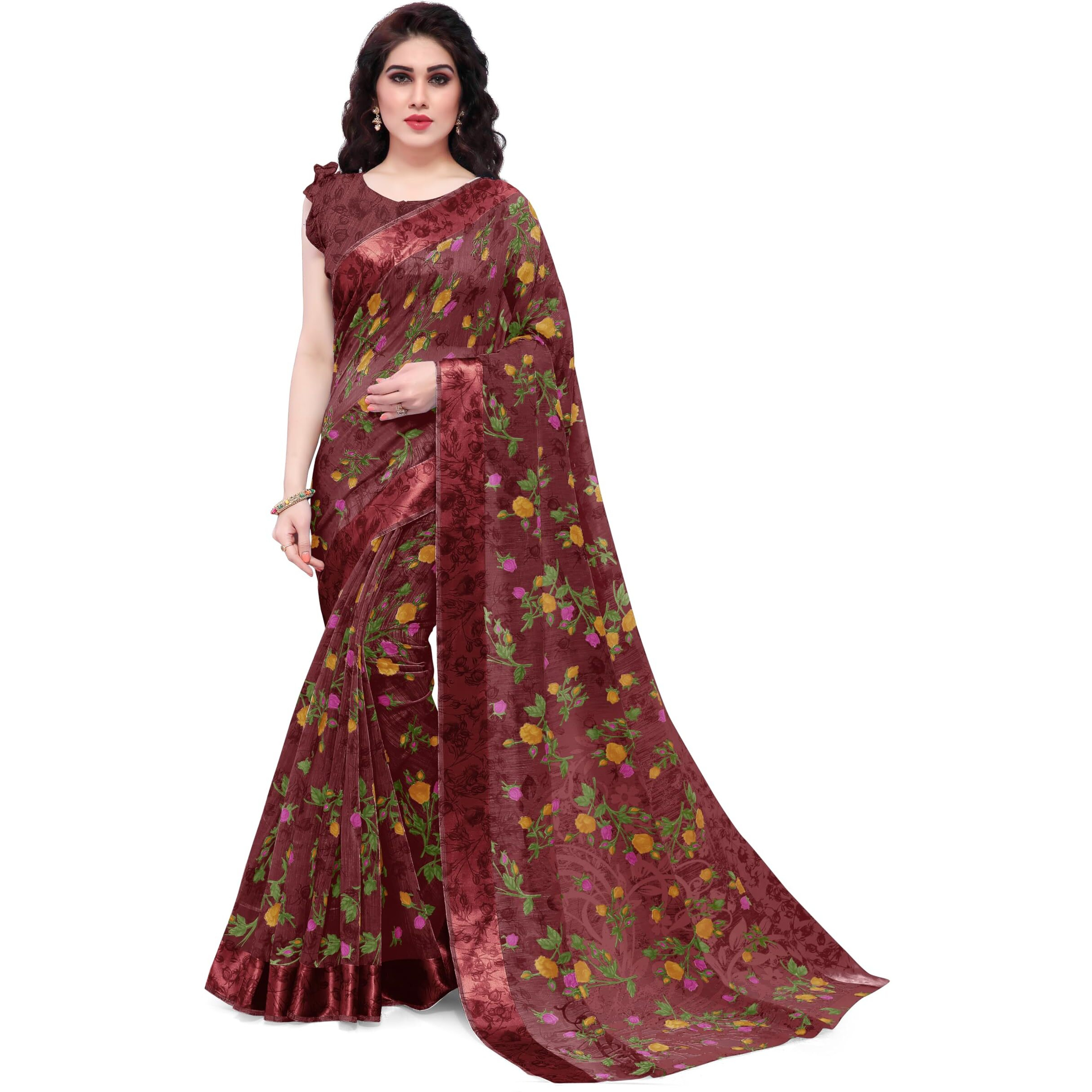 SOURBH Womens Plain Weave Cotton Blend Floral Printed Saree with Blouse Piece (36686-Deep Wine, Yellow)