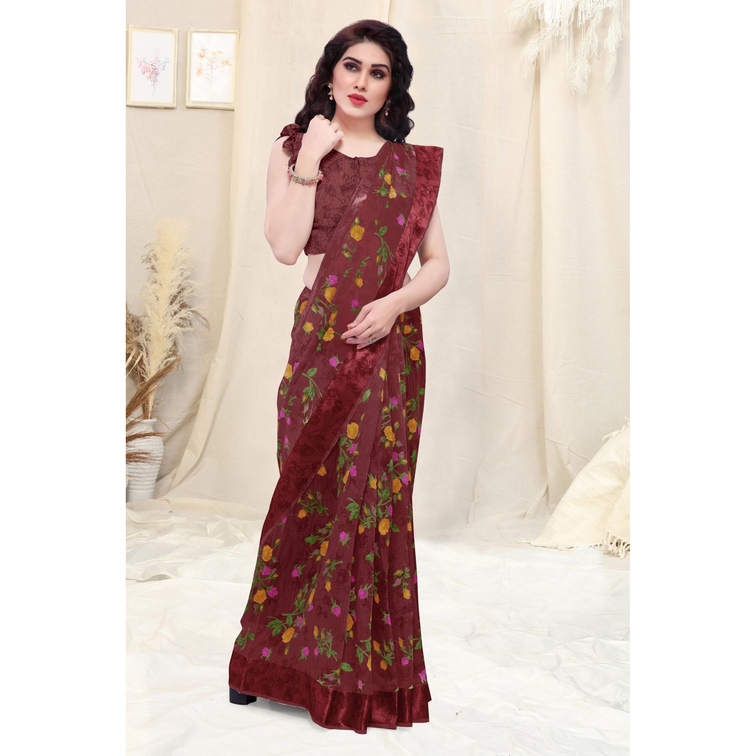 SOURBH Womens Plain Weave Cotton Blend Floral Printed Saree with Blouse Piece (36686-Deep Wine, Yellow)