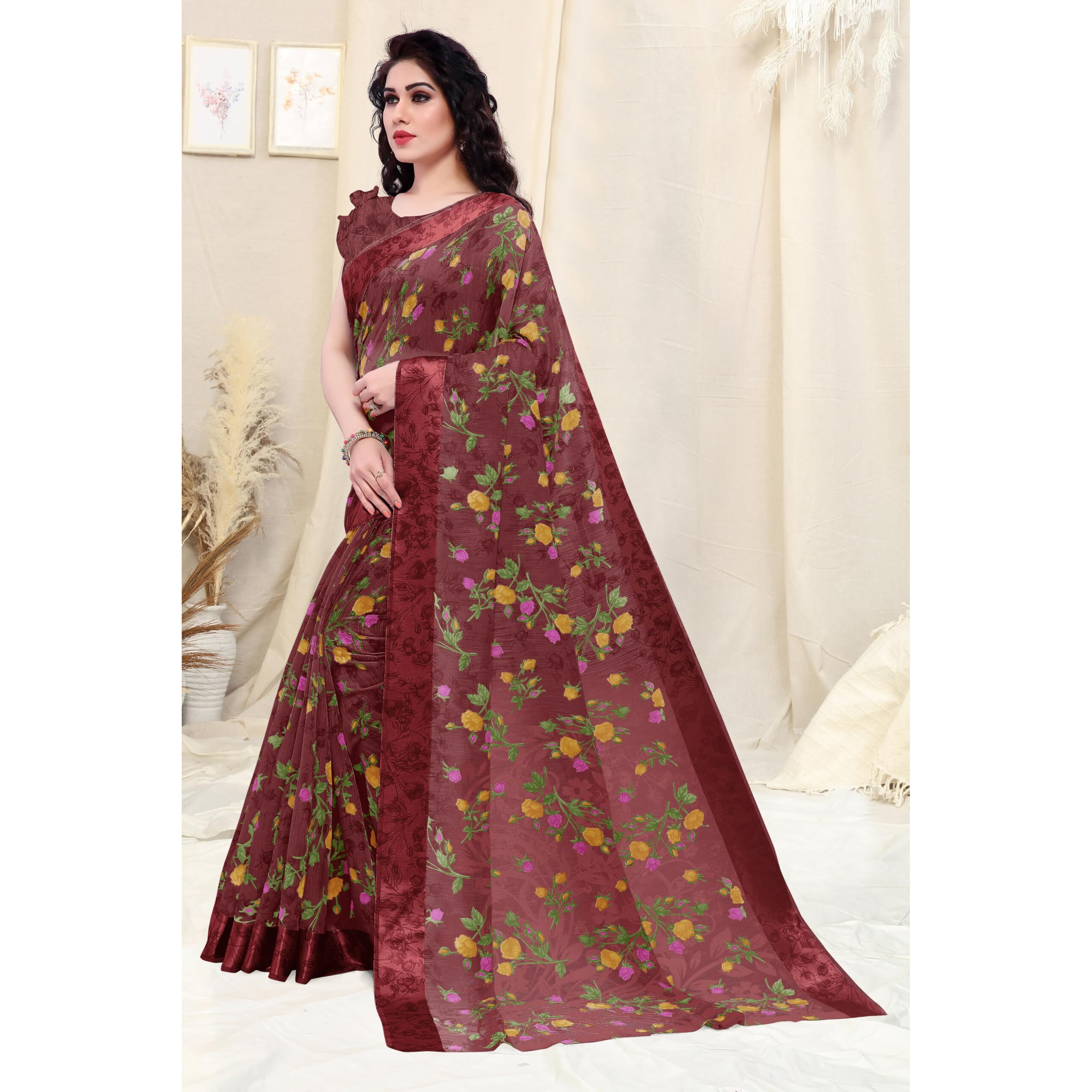 SOURBH Womens Plain Weave Cotton Blend Floral Printed Saree with Blouse Piece (36686-Deep Wine, Yellow)