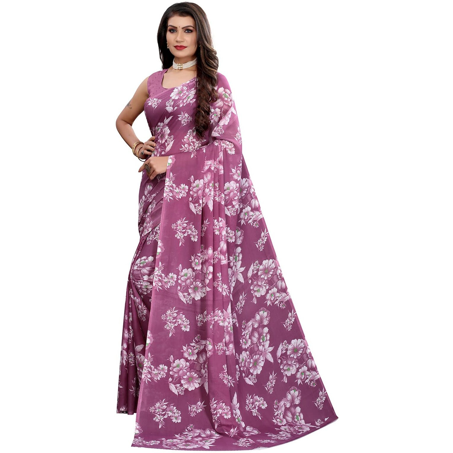 SIRIL Womens Georgette Floral Printed Saree with Blouse(2024S566_Purple)