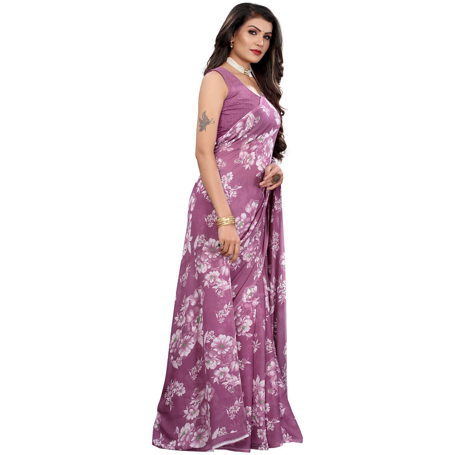 SIRIL Womens Georgette Floral Printed Saree with Blouse(2024S566_Purple)