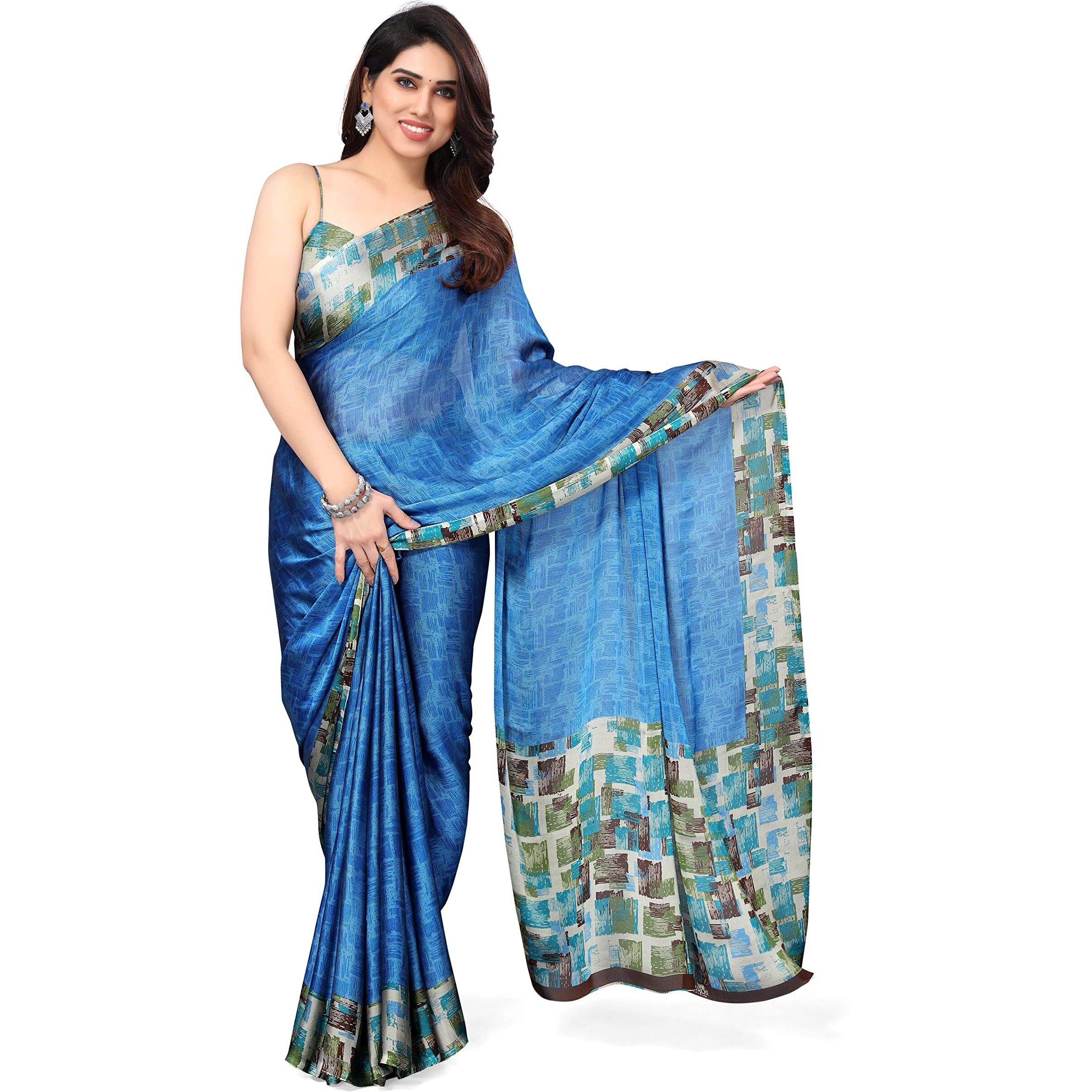 SOURBH Womens Plain Weave Chiffon Texture Border Printed Saree with Blouse Piece (29862-Turquoise, Grey)