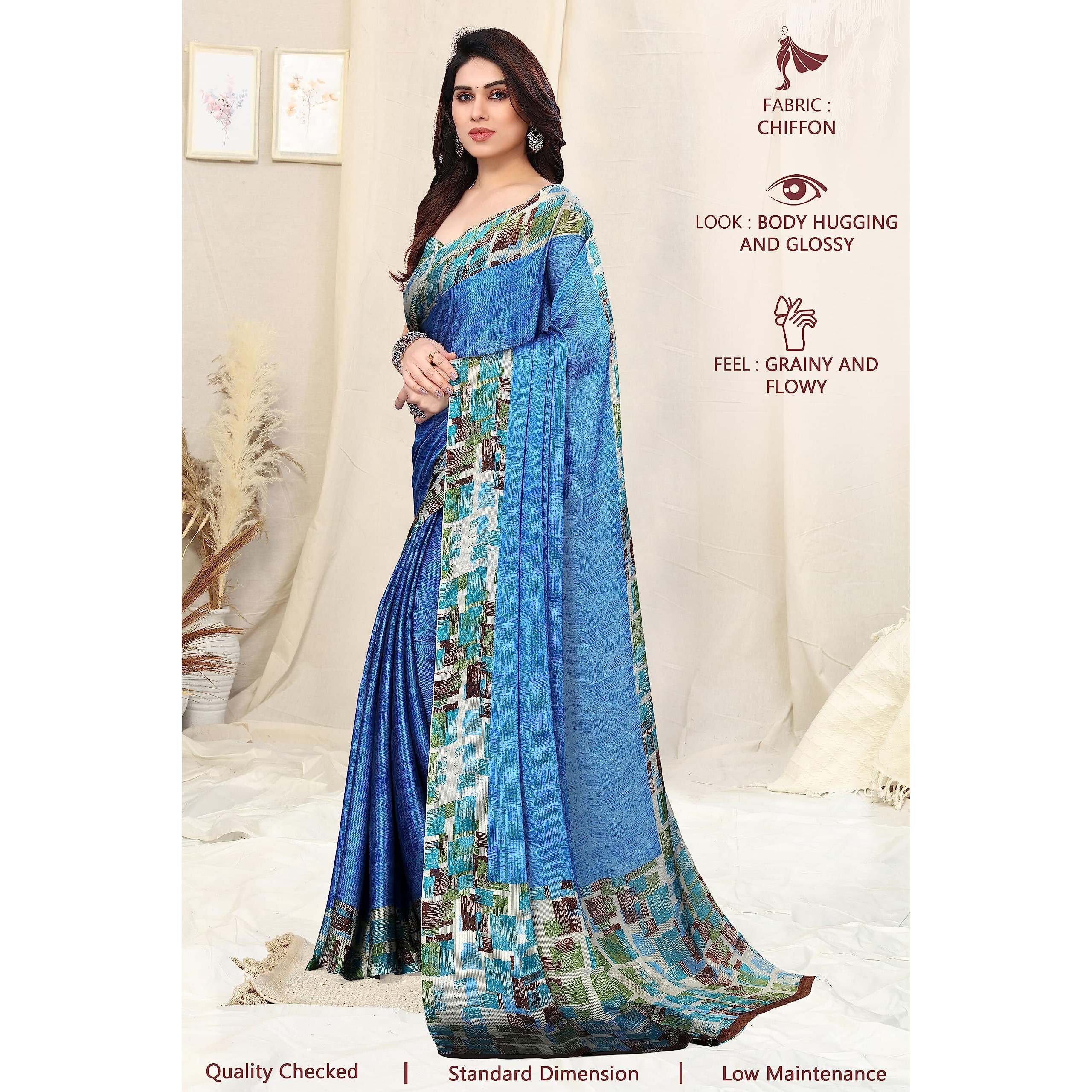 SOURBH Womens Plain Weave Chiffon Texture Border Printed Saree with Blouse Piece (29862-Turquoise, Grey)