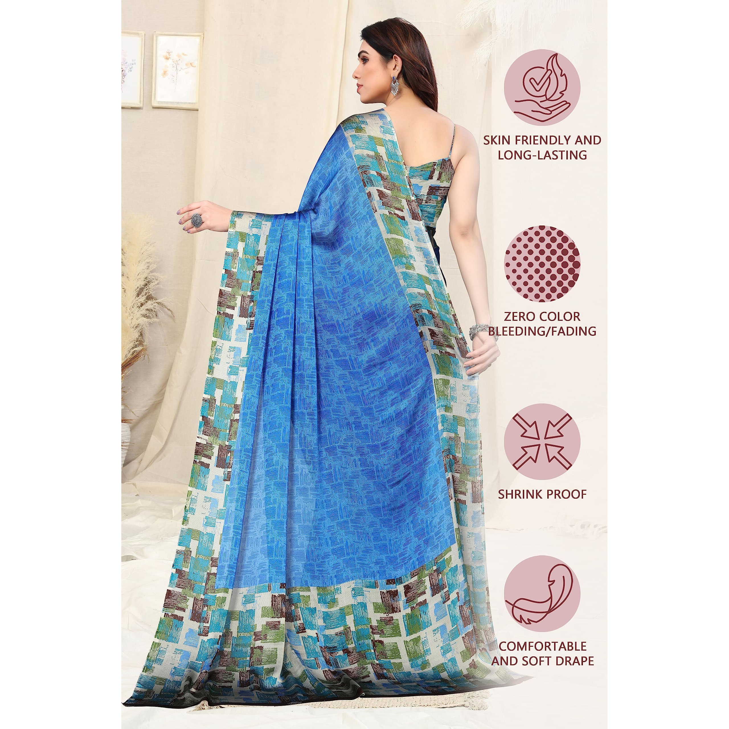 SOURBH Womens Plain Weave Chiffon Texture Border Printed Saree with Blouse Piece (29862-Turquoise, Grey)