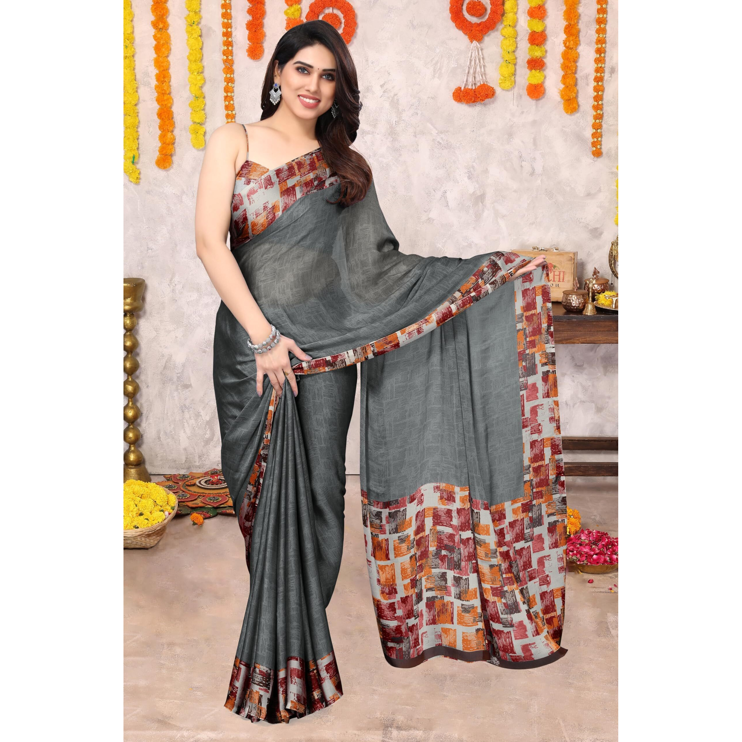 SOURBH Womens Plain Weave Chiffon Texture Border Printed Saree with Blouse Piece (29861-Grey, Red)