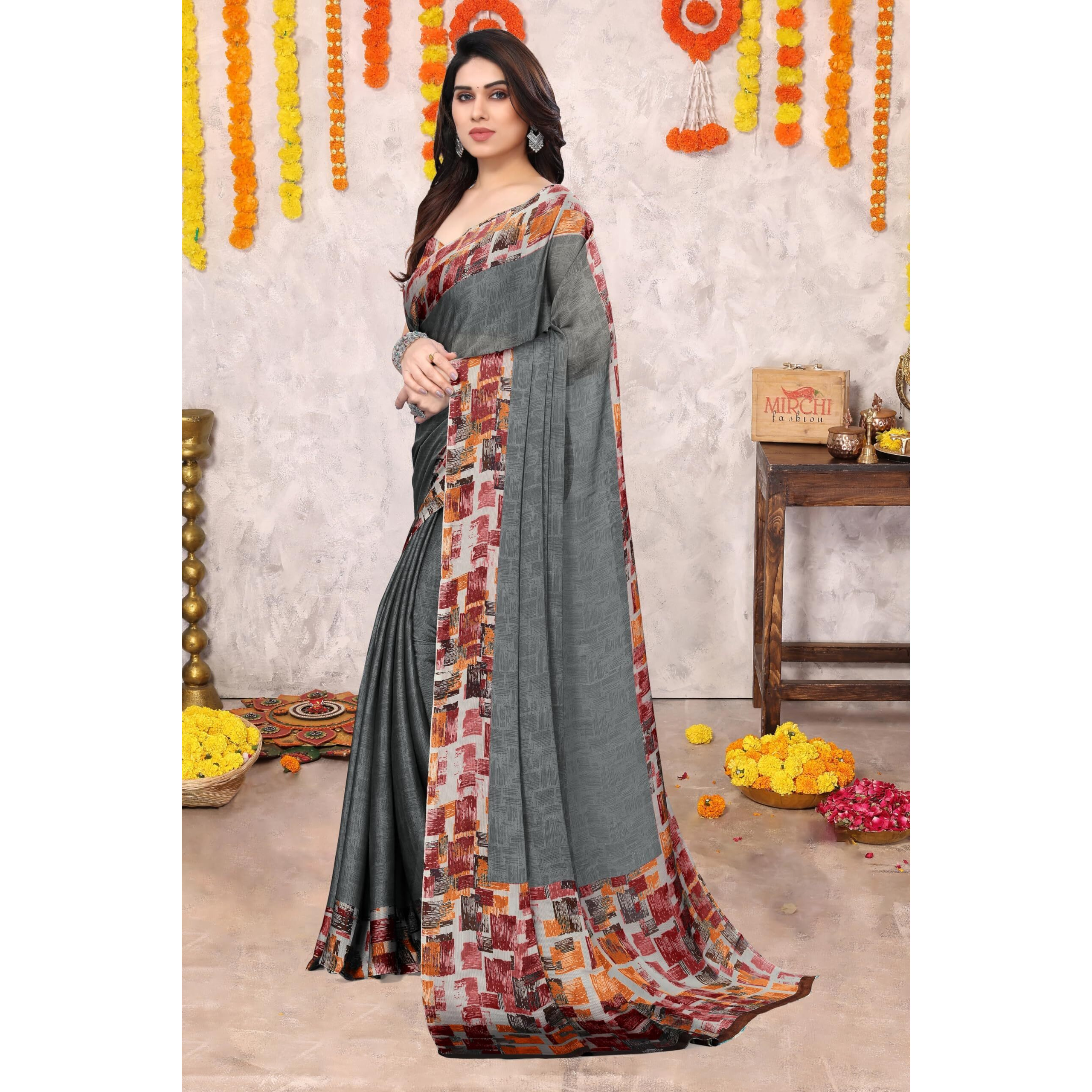 SOURBH Womens Plain Weave Chiffon Texture Border Printed Saree with Blouse Piece (29861-Grey, Red)