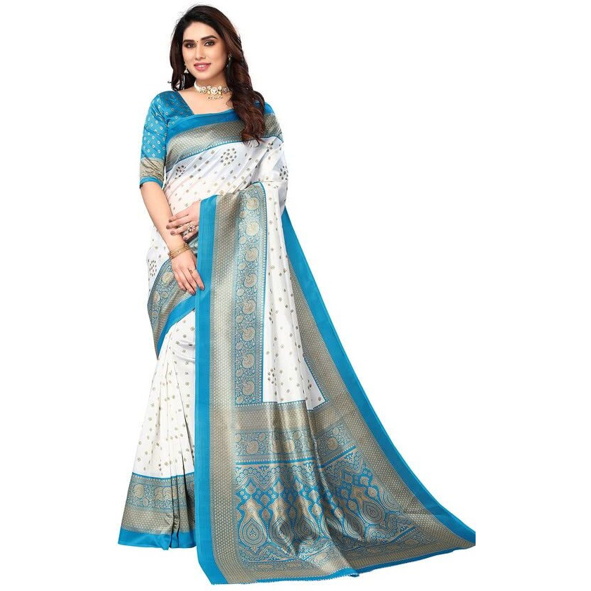 SIRIL Womens Bandhani Printed Silk Saree with Unstitched Blouse Piece(2952S2081_White Beige)