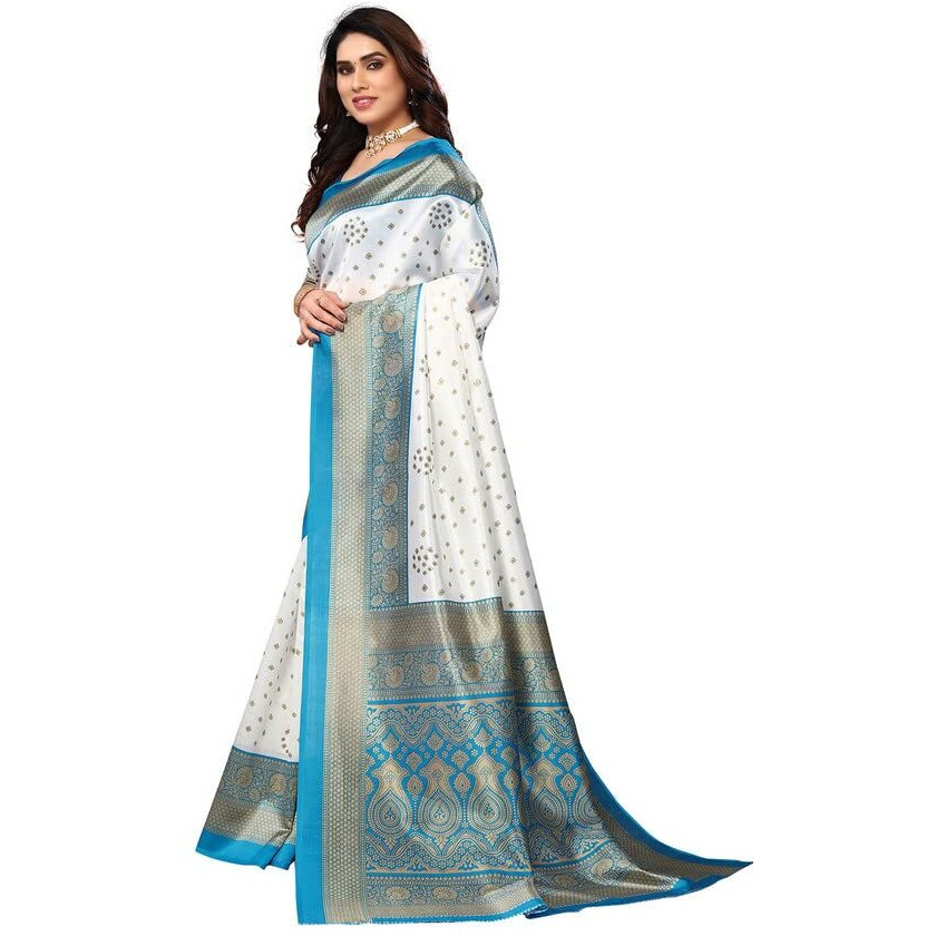 SIRIL Womens Bandhani Printed Silk Saree with Unstitched Blouse Piece(2952S2081_White Beige)