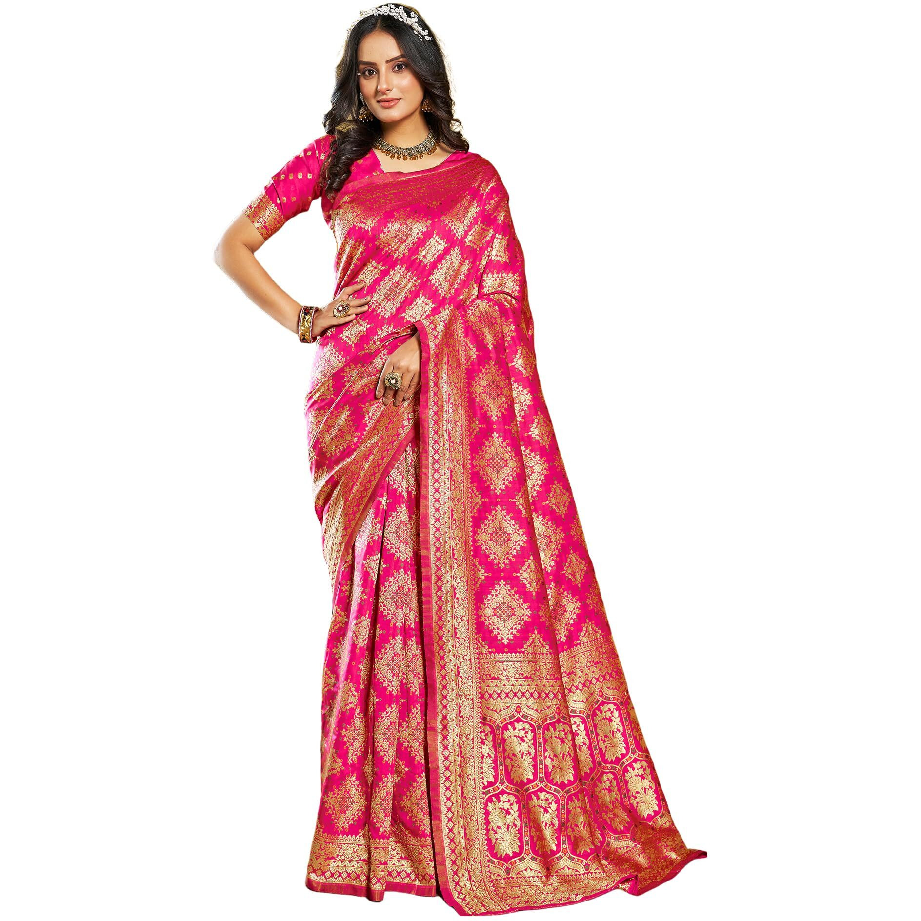 SIRIL Womens Art Silk Jacquard Saree With Unstitched Blouse Piece (3399S277_Rani Pink)