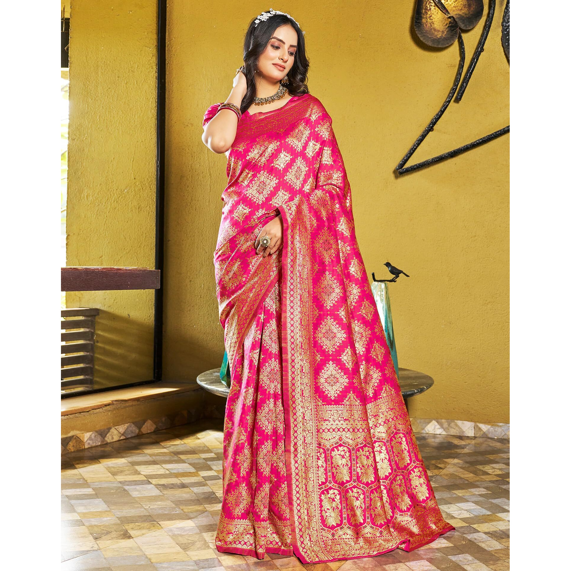 SIRIL Womens Art Silk Jacquard Saree With Unstitched Blouse Piece (3399S277_Rani Pink)