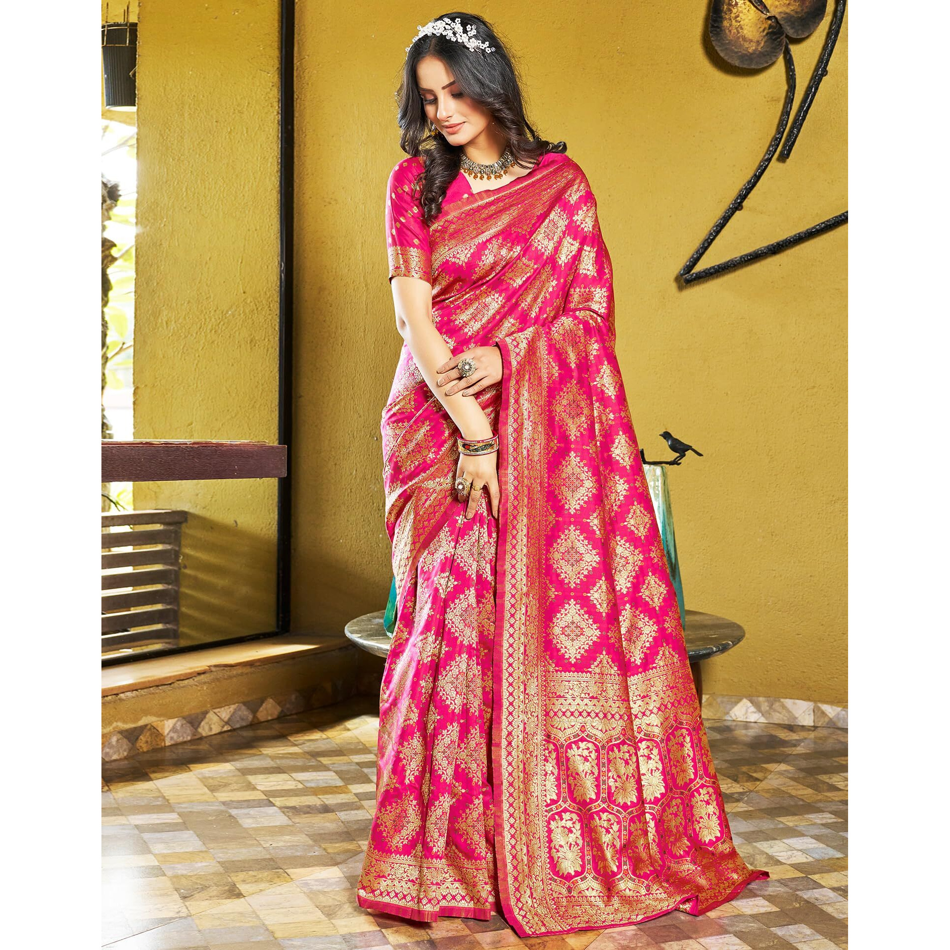 SIRIL Womens Art Silk Jacquard Saree With Unstitched Blouse Piece (3399S277_Rani Pink)