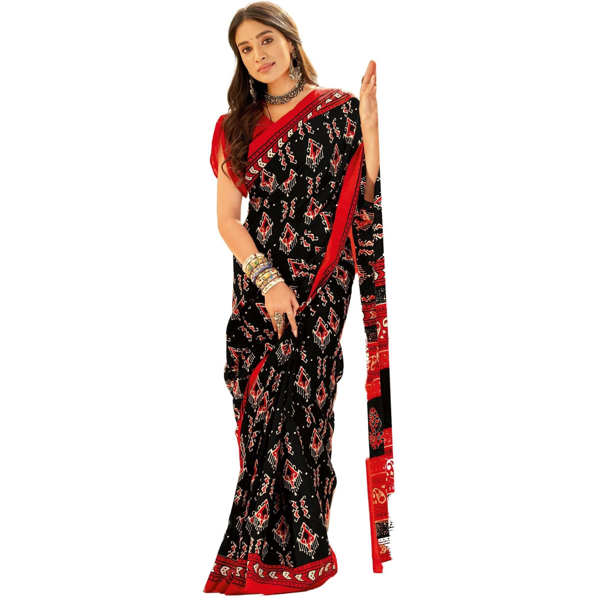 AKHILAM Womens Ikat Bhagalpuri Silk Printed Saree With Unstitched Blouse Piece (Black_22WOM22904_HS)