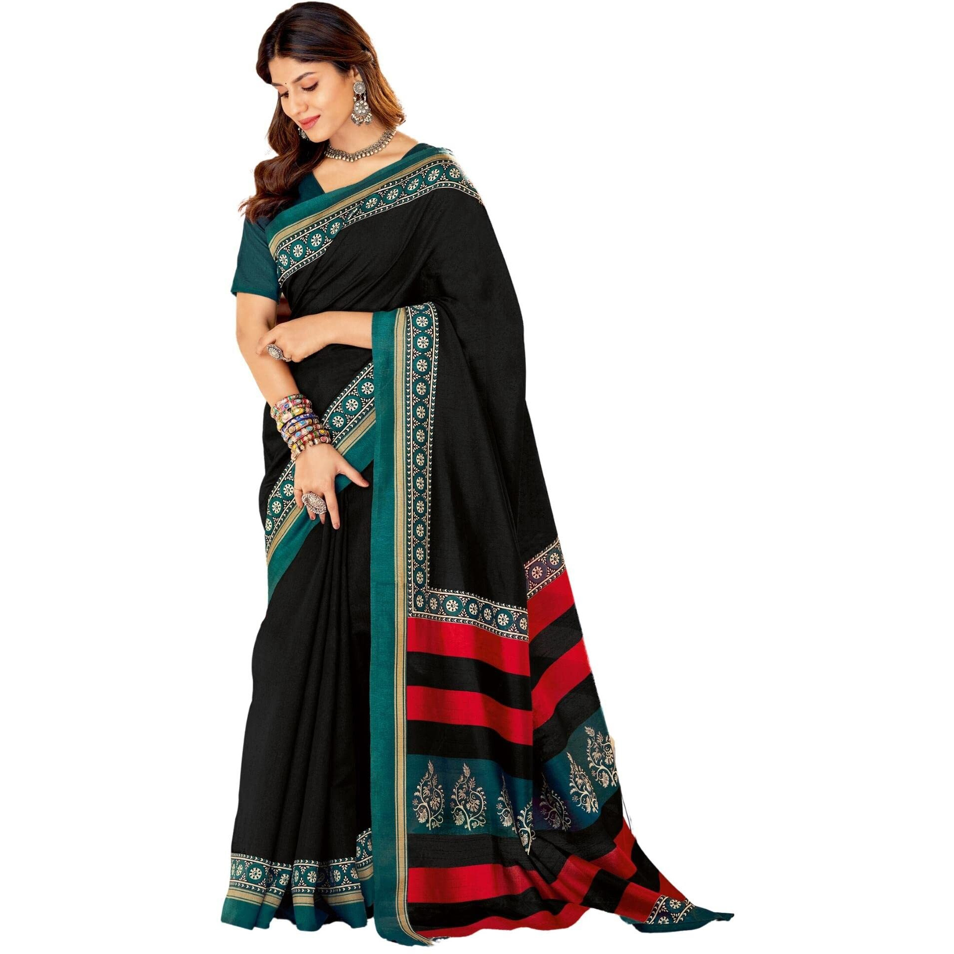 AKHILAM Womens Tussar Bhagalpuri Silk Printed Saree With Unstitched Blouse Piece (Black_22WOM22903_HS)