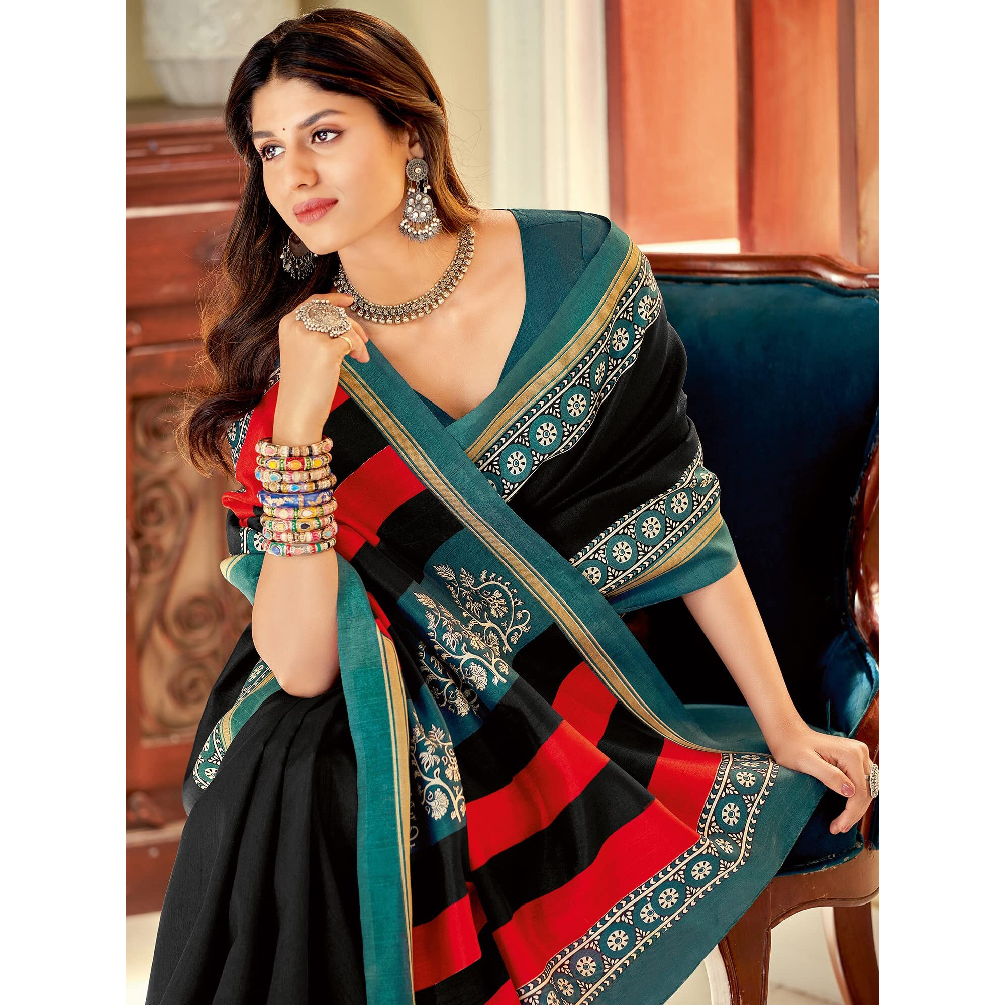 AKHILAM Womens Tussar Bhagalpuri Silk Printed Saree With Unstitched Blouse Piece (Black_22WOM22903_HS)