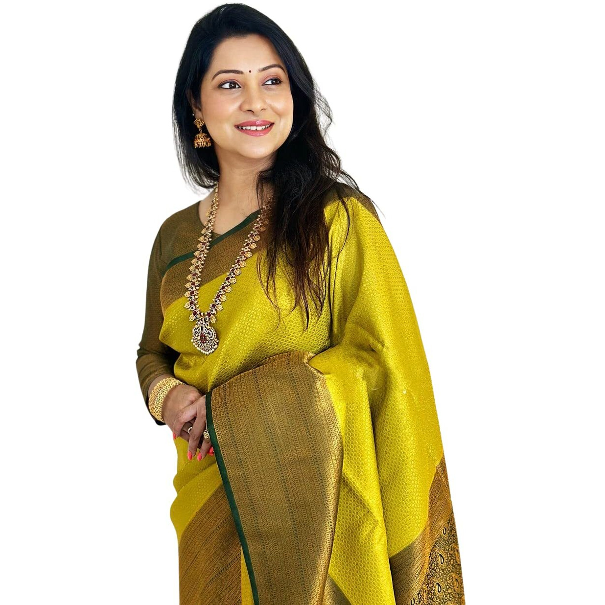 SGF11 Womens Kanjivaram Soft Lichi Silk Saree With Blouse Piece (Yellow Green)