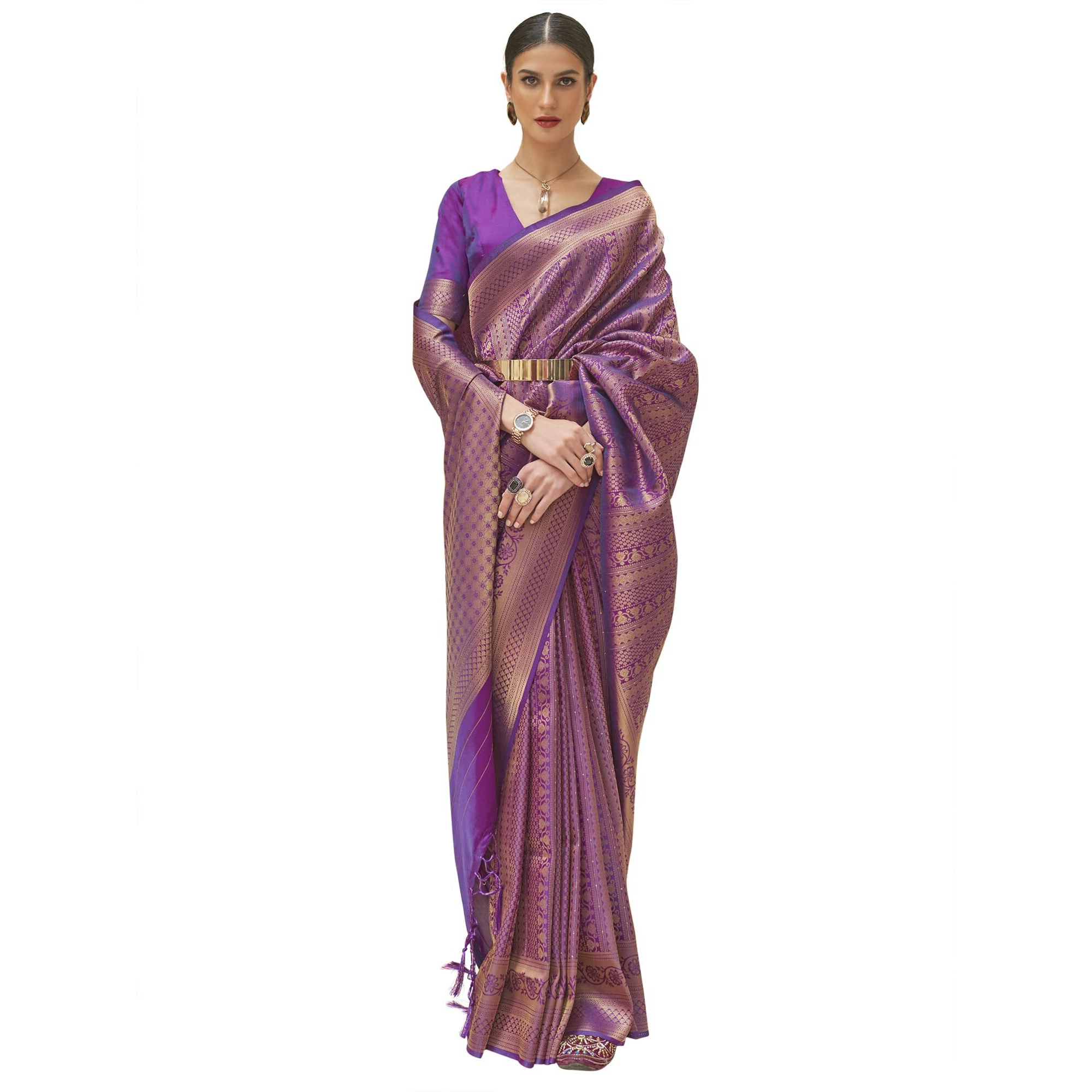 AKHILAM Womens Kanjeevaram Silk Embroidered Woven Zari Work saree With Unstitched Blouse Piece (Purple_KSHF235003)