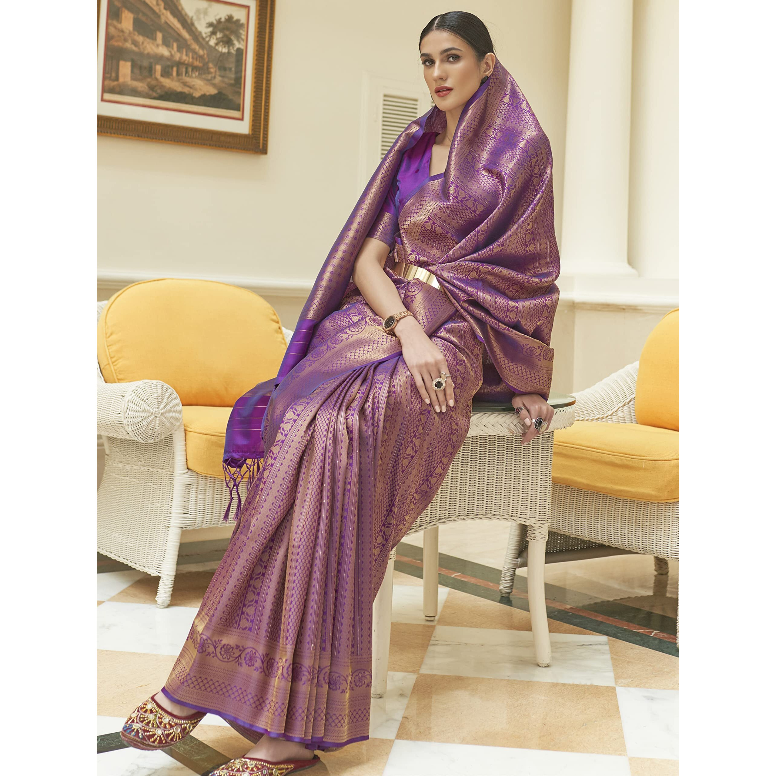 AKHILAM Womens Kanjeevaram Silk Embroidered Woven Zari Work saree With Unstitched Blouse Piece (Purple_KSHF235003)